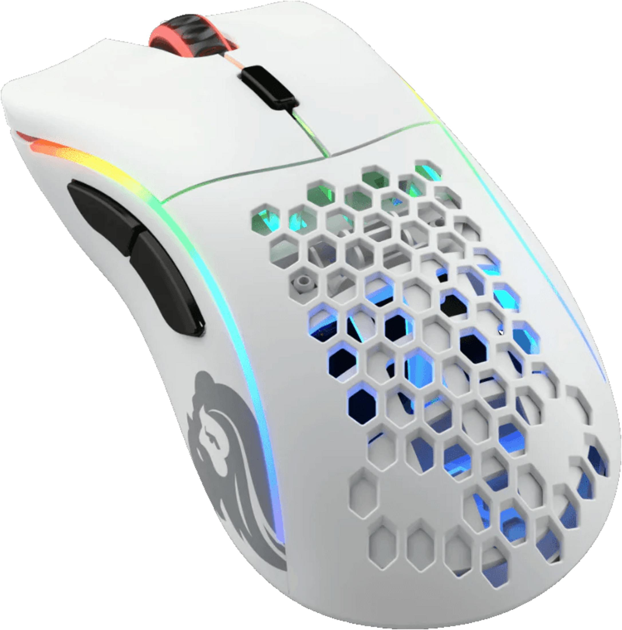 Biała mysz gamingowa z górnym panelem w kształcie plastra miodu i oświetleniem RGB.