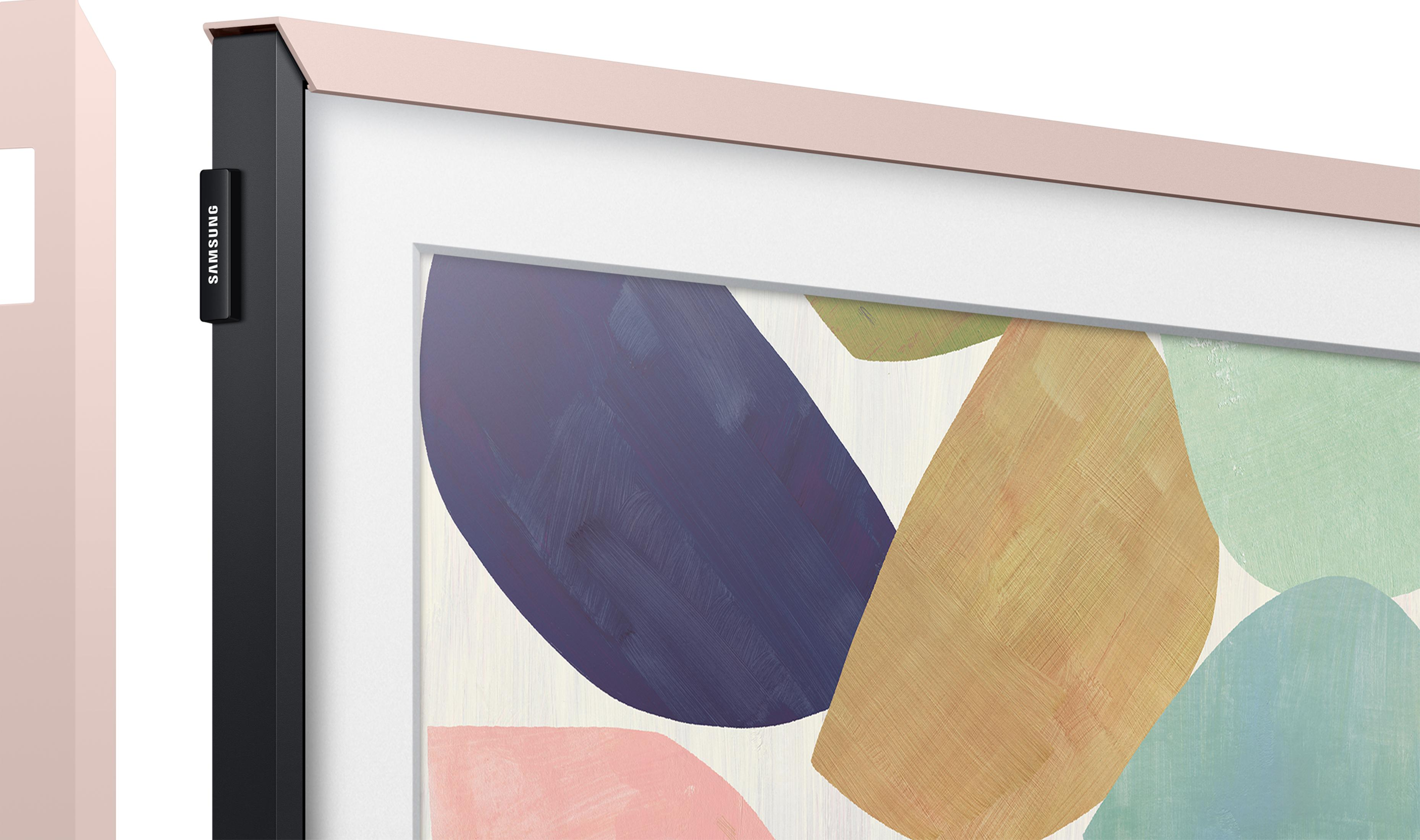 Een moderne tv met abstracte kunst in pasteltinten. Samsung logo zichtbaar.