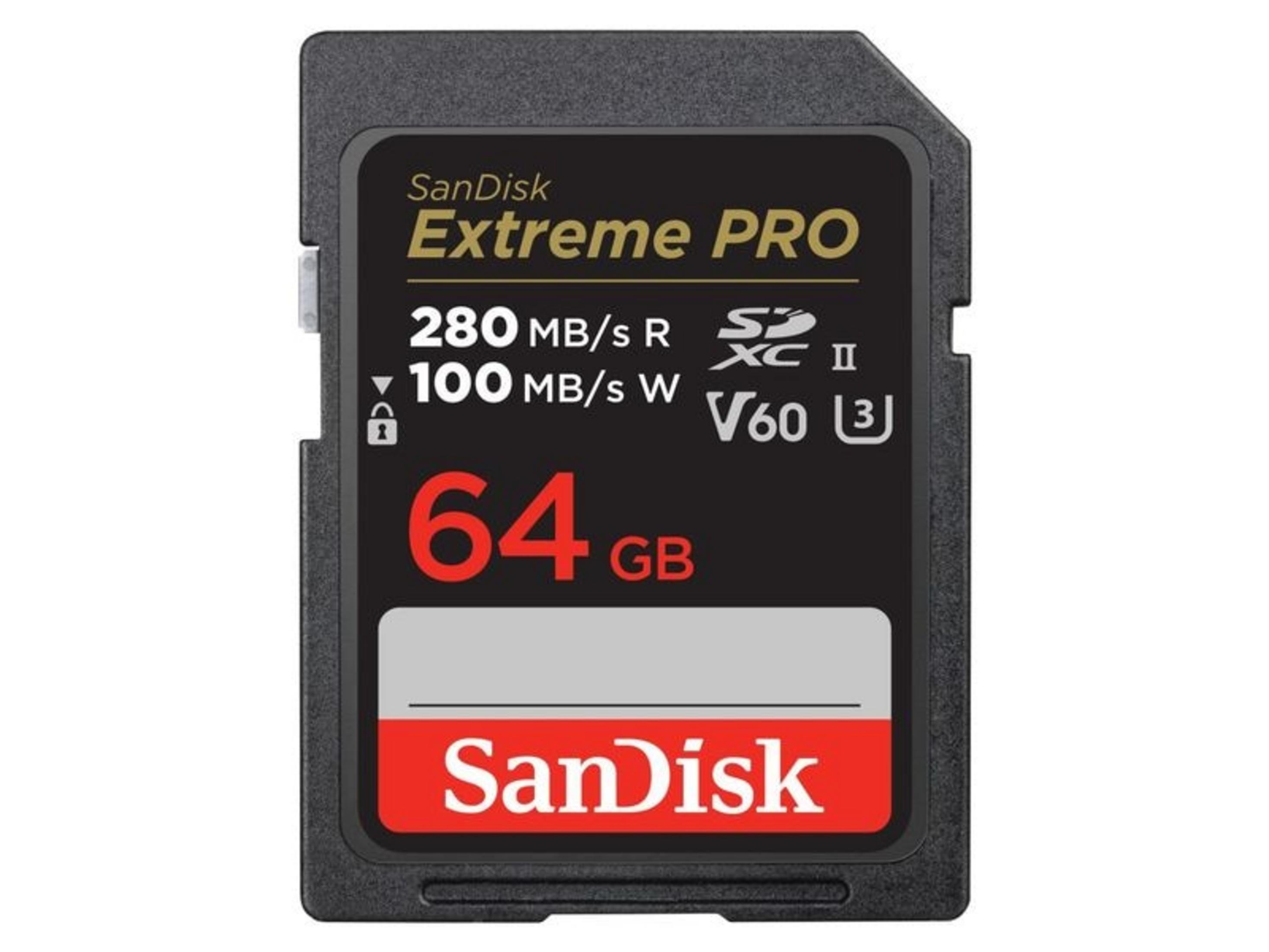 Karta SD SanDisk Extreme PRO 64GB z prędkością odczytu 280 MB/s i zapisu 100 MB/s.