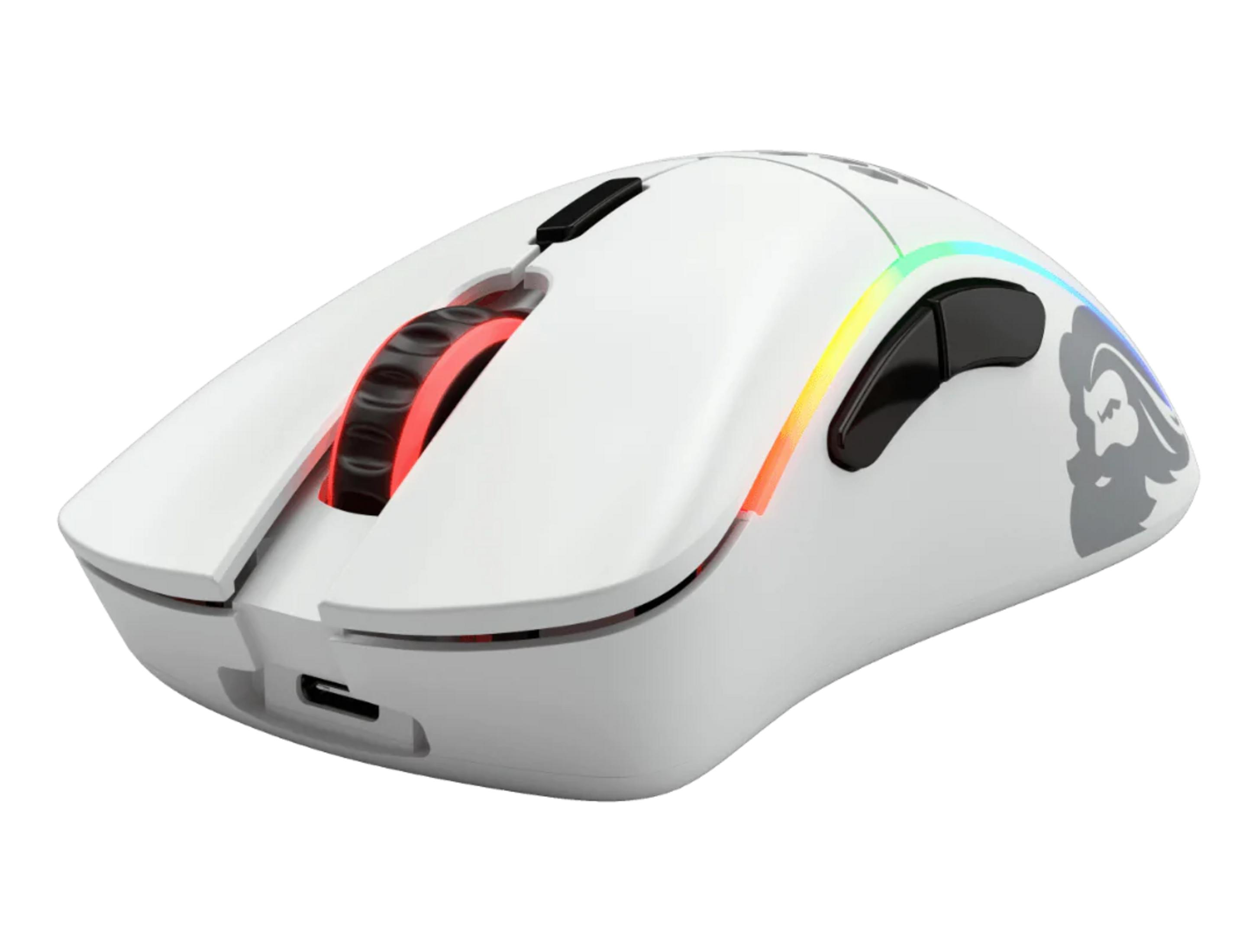 Biała mysz gamingowa z oświetleniem RGB i logo.