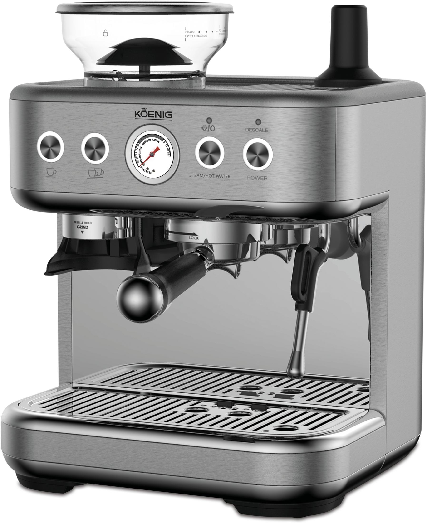 Machine à expresso argentée avec porte-filtre, manomètre et moulin.
