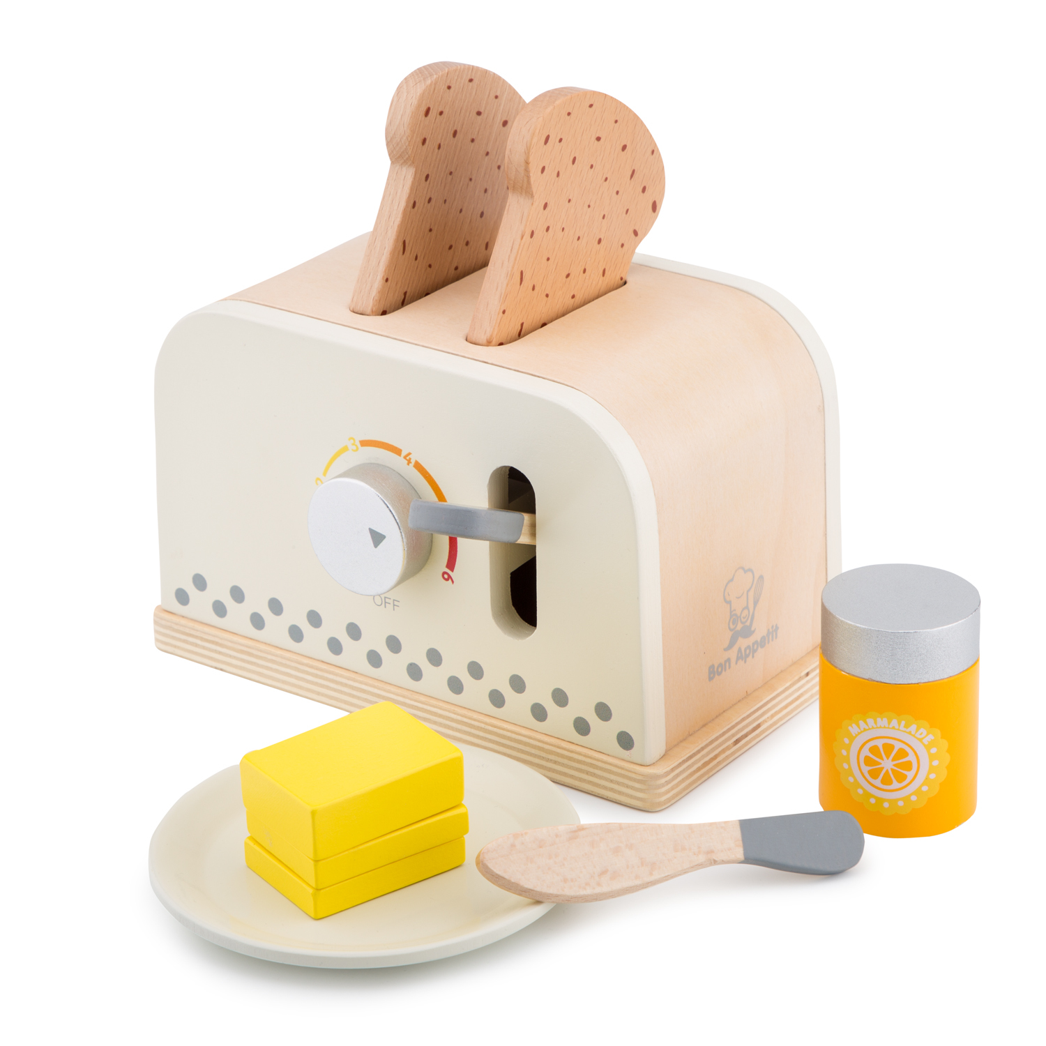 Tostapane giocattolo in legno con fette di pane, burro e marmellata.