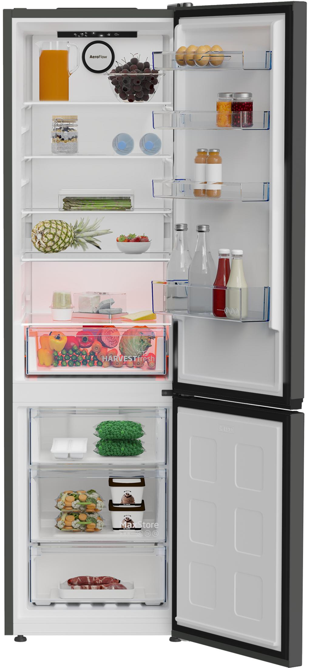 Offener Kühlschrank mit Lebensmitteln wie Obst, Gemüse, Eiern, Getränken und Eis.