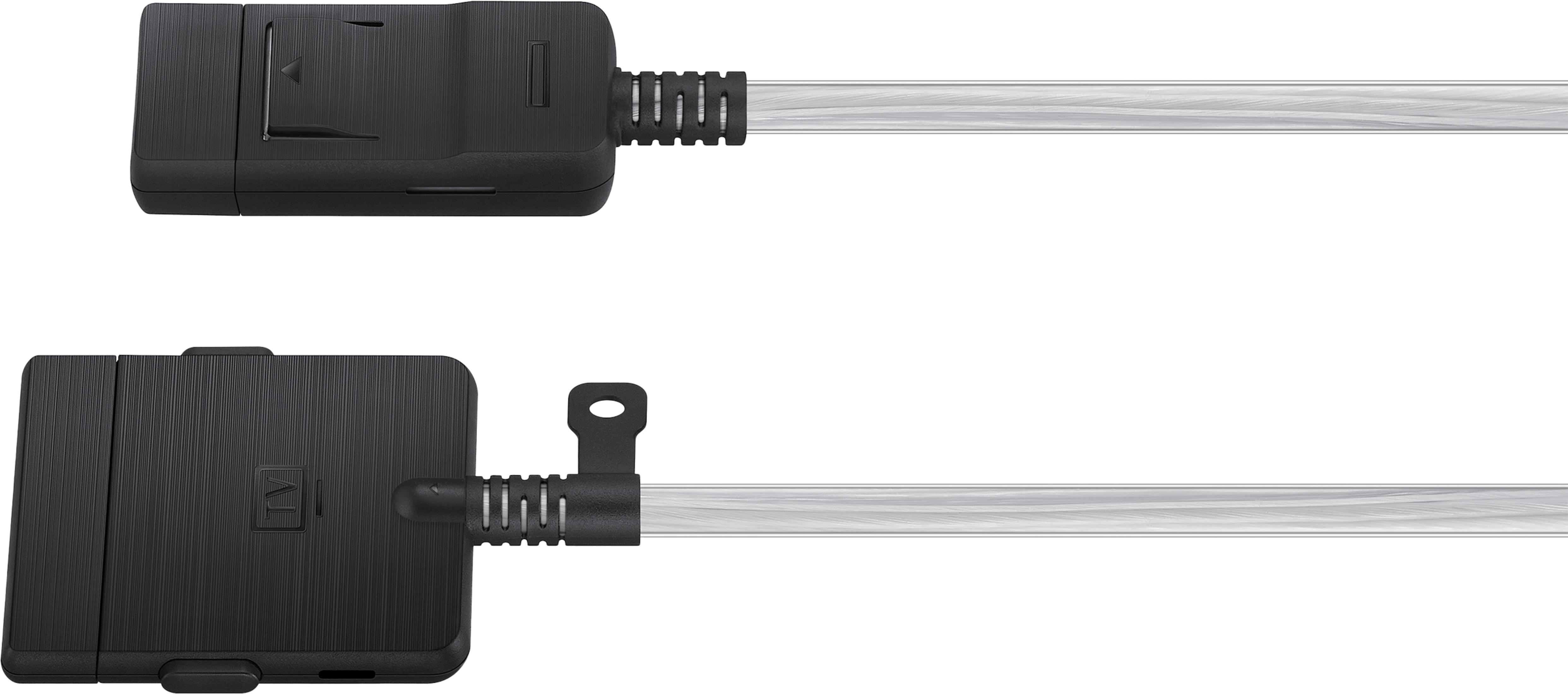 Adaptador negro con cable transparente, mostrado arriba y abajo.