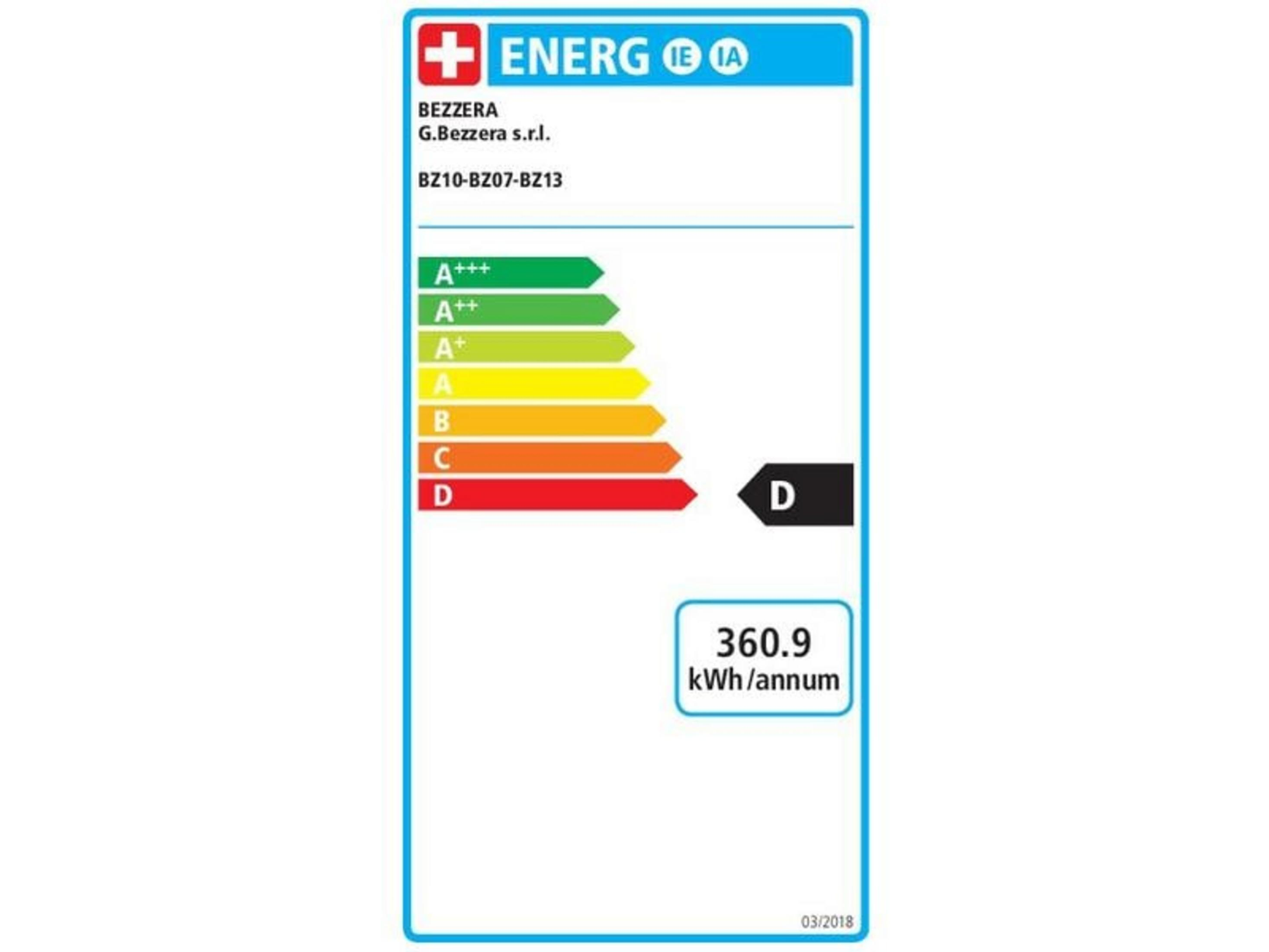 Étiquette énergétique BEZZERA BZ10-BZ07-BZ13, classe D, 360.9 kWh/an.