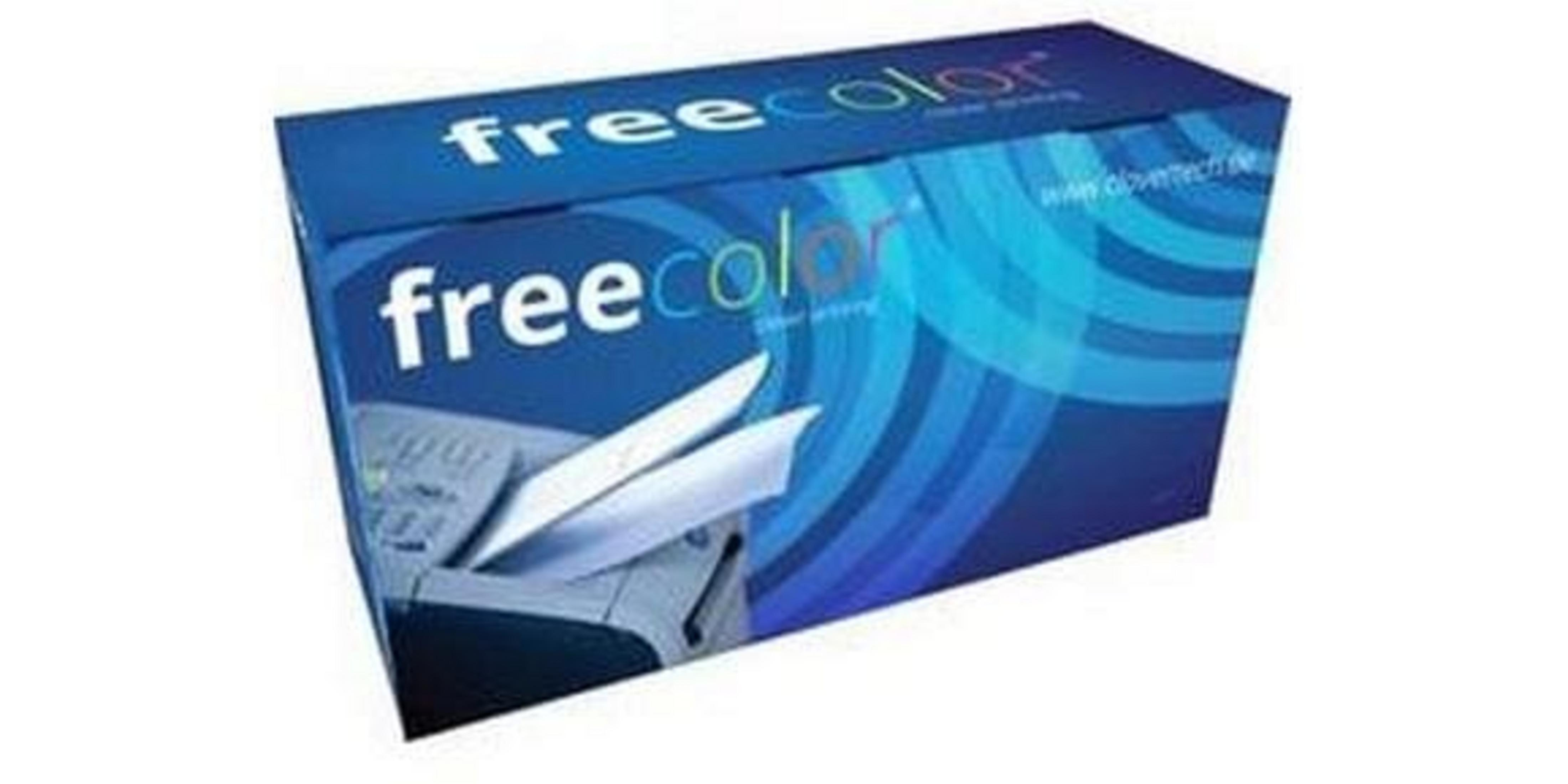 Eine blaue Box mit "freecolor"-Logo und einem Druckerbild.