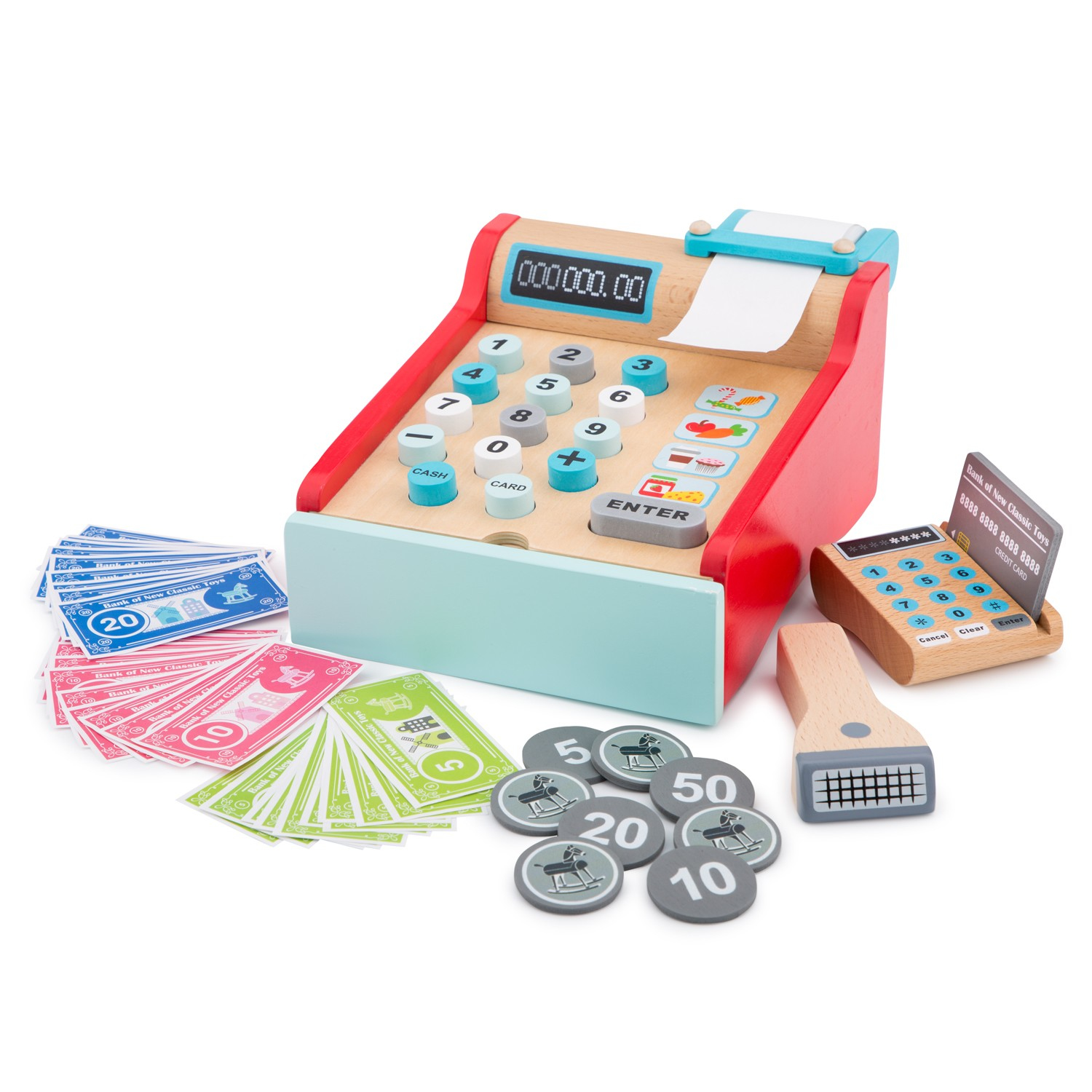 Spielzeugkasse mit Geld, Münzen, Kartenleser und Scanner.
