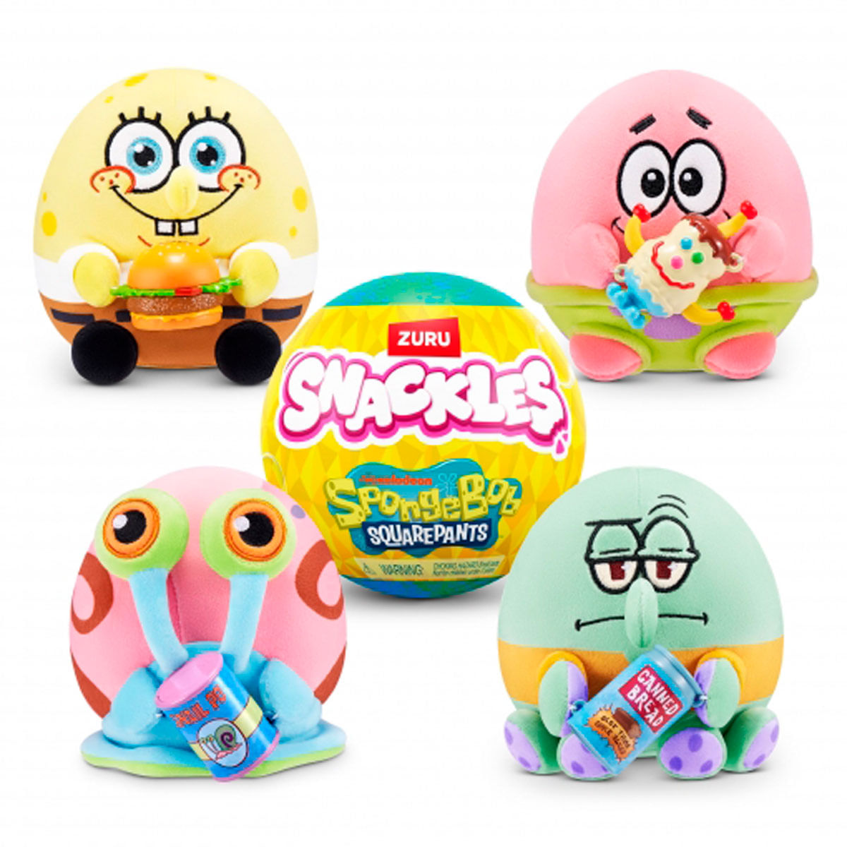 Peluches de Bob Esponja, Patricio, Gary y Calamardo sosteniendo bocadillos. Una pelota Snackles al centro.