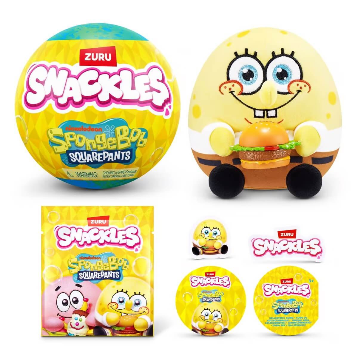 Set de juguetes SpongeBob SquarePants Snackles con hamburguesa, pelota, bolsa y pegatinas.