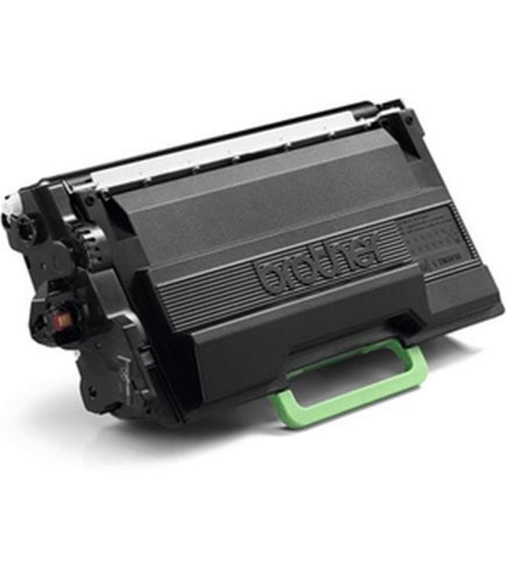 Czarny toner Brother z zielonym uchwytem na białym tle.