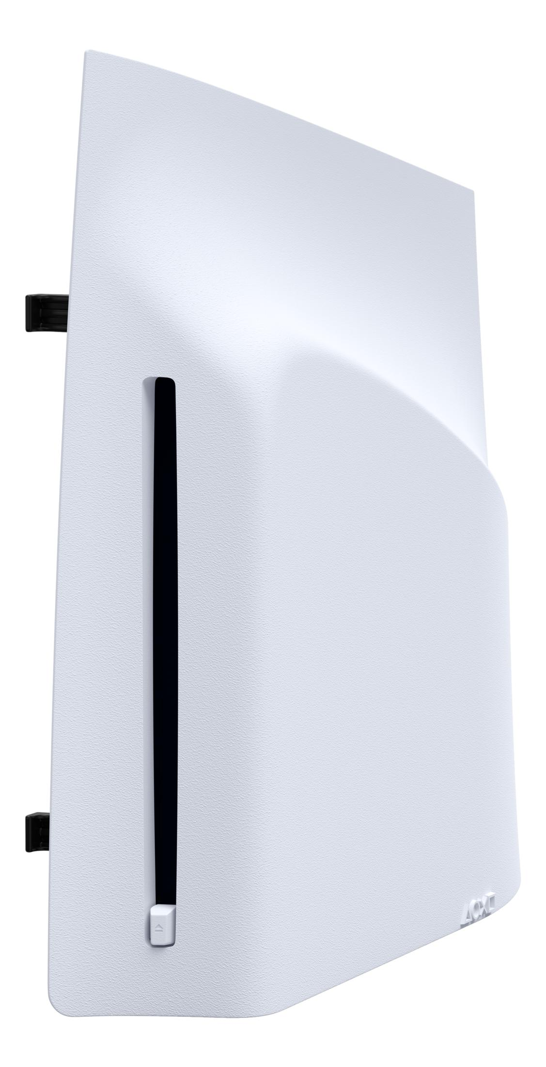 Console bianca con fessura nera e un piccolo pulsante in basso.