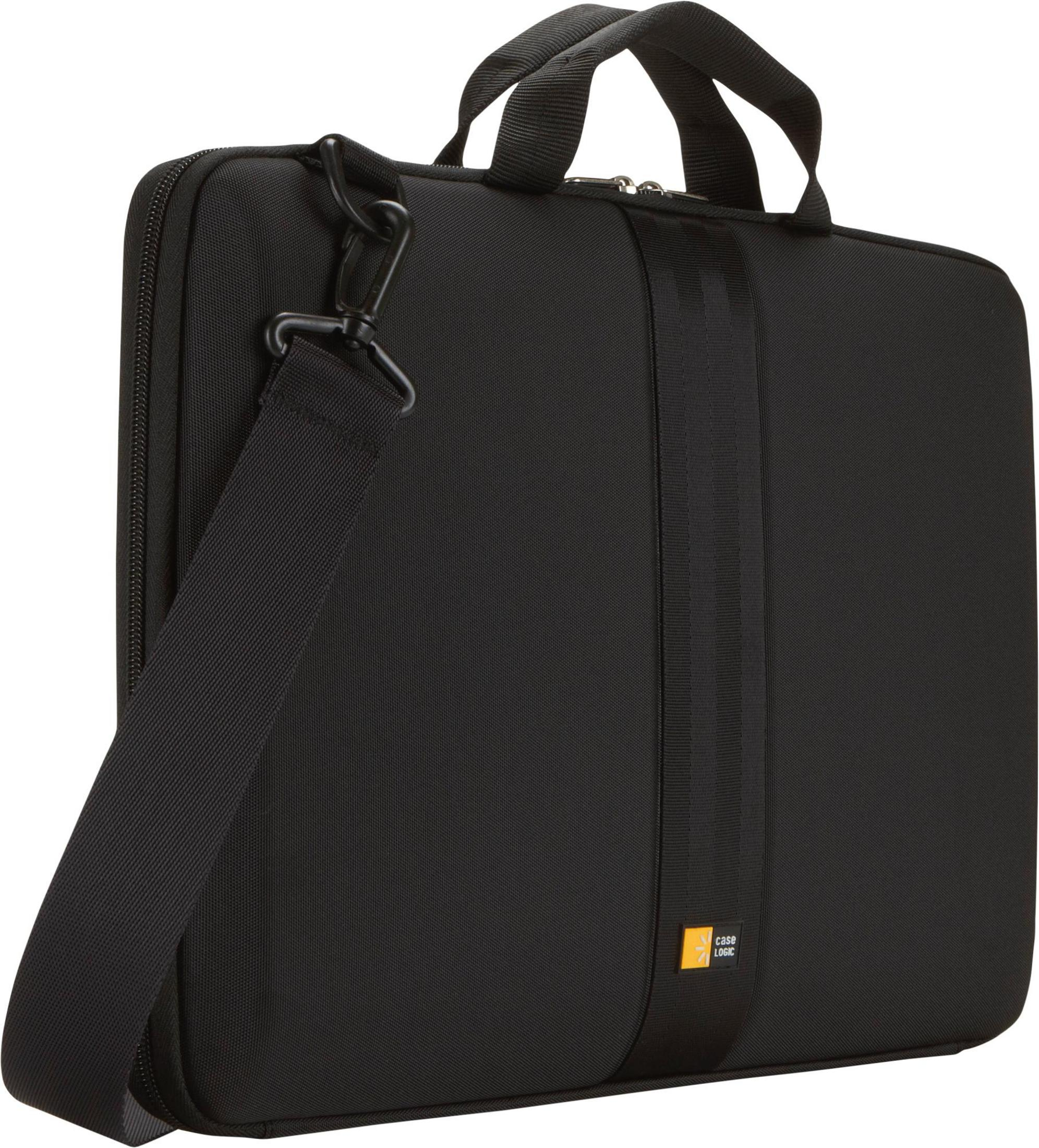 Black laptop bag with handles and a shoulder strap. Small logo on the bottom right.