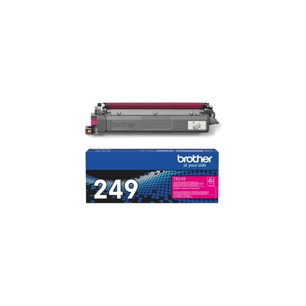 A Brother TN249 toner cartridge and its blue and pink packaging.