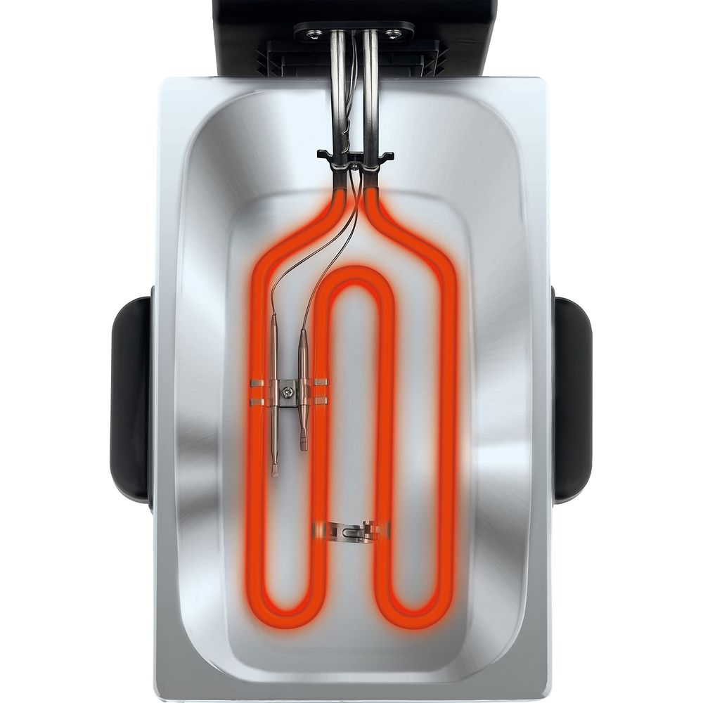 Świecący pomarańczowy element grzewczy w srebrnym koszu frytkownicy, z dwoma termometrami.