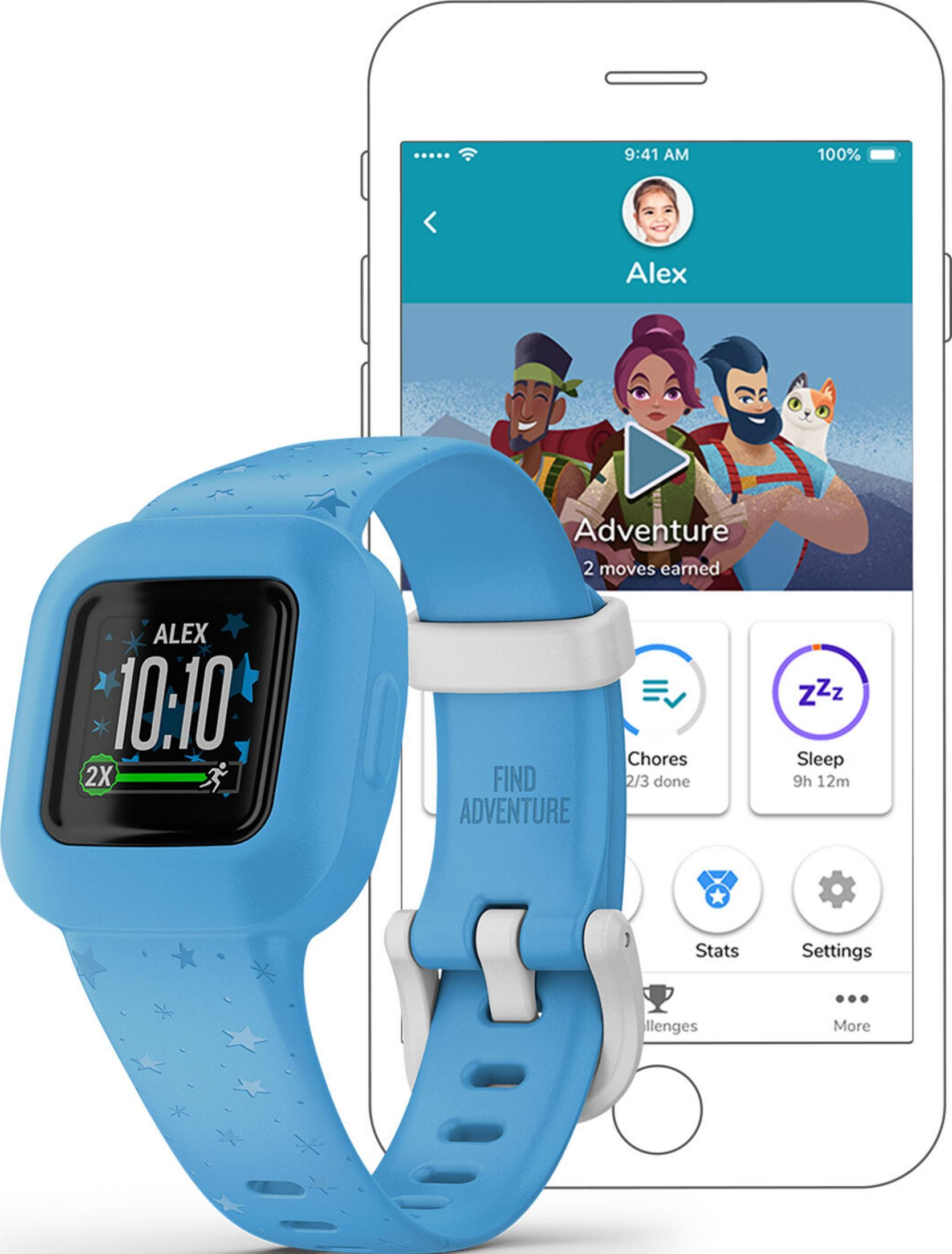 Niebieski smartwatch z motywem gwiazd i ekranem aplikacji.