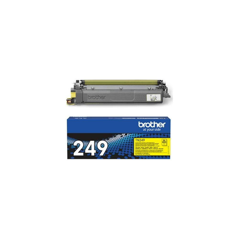A yellow Brother TN249 toner cartridge and its packaging.