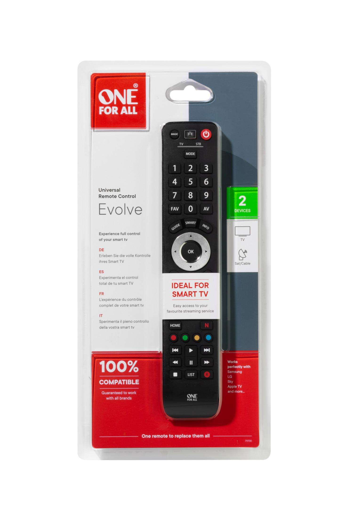 Verpackung für eine Universalfernbedienung mit der Aufschrift 'ONE FOR ALL'.