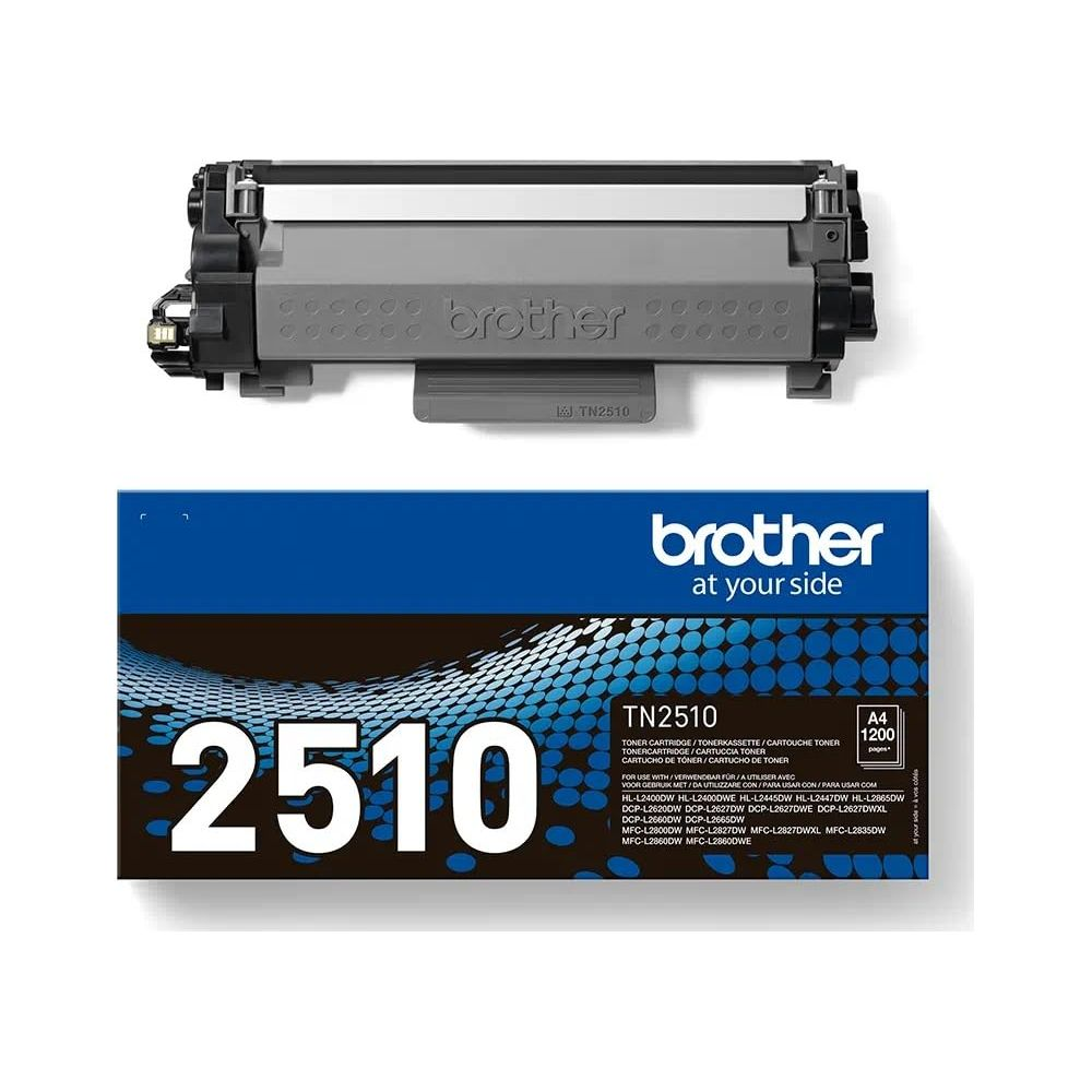 Szary toner Brother TN2510 i niebieskie pudełko Brother TN2510.