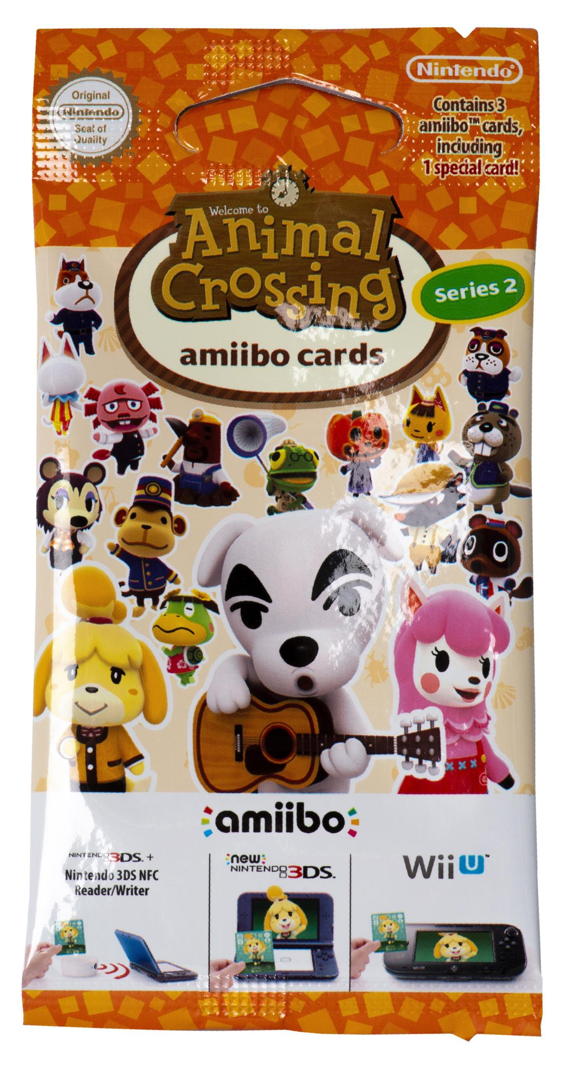 Verpackung für Animal Crossing Amiibo-Karten, Serie 2, mit Charakteren und Nintendo-Konsolen.