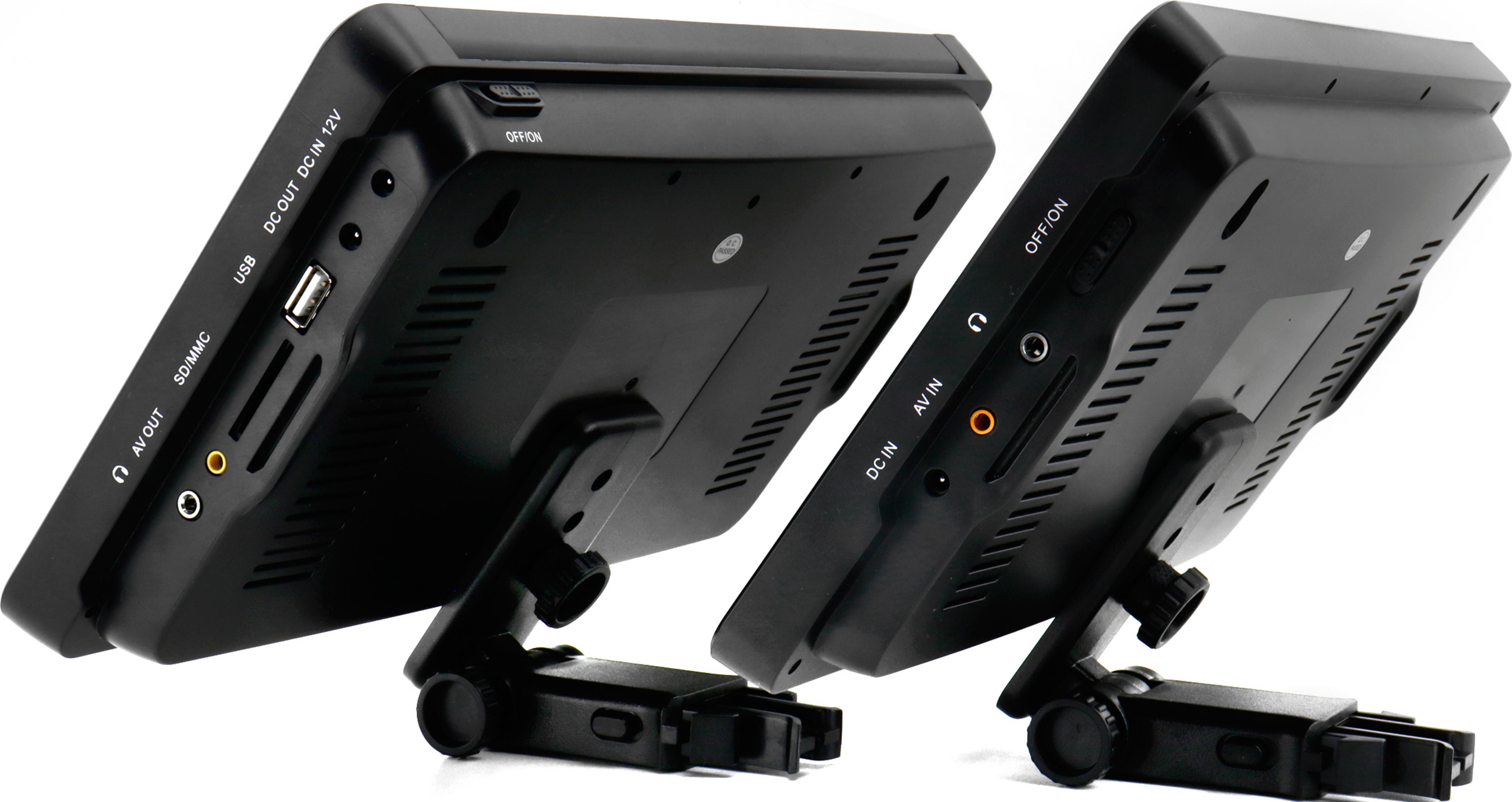 Dwa czarne monitory przenośne z portami USB, AV, SD/MMC i DC.