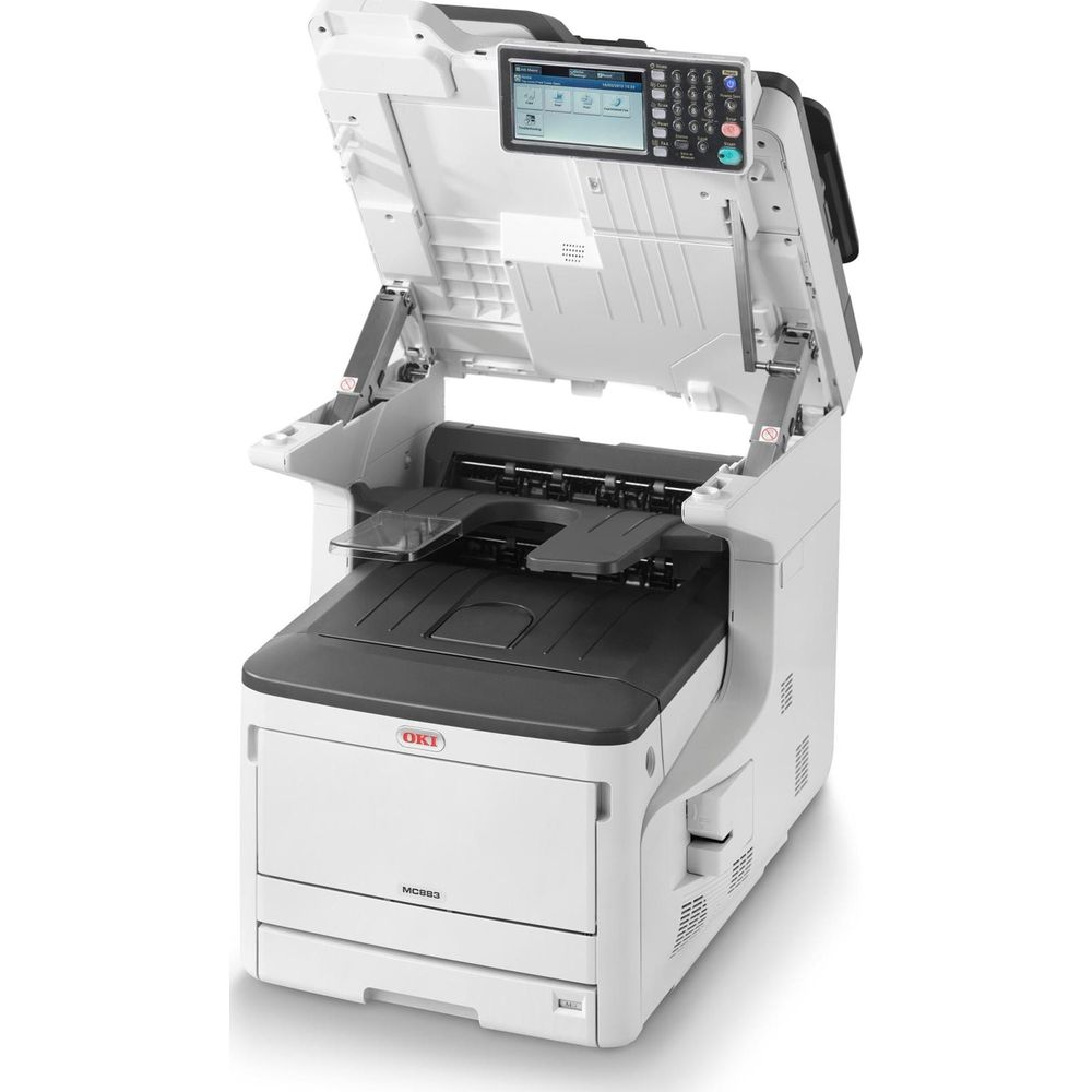 Otwarta biała drukarka wielofunkcyjna z panelem sterowania i klawiaturą.