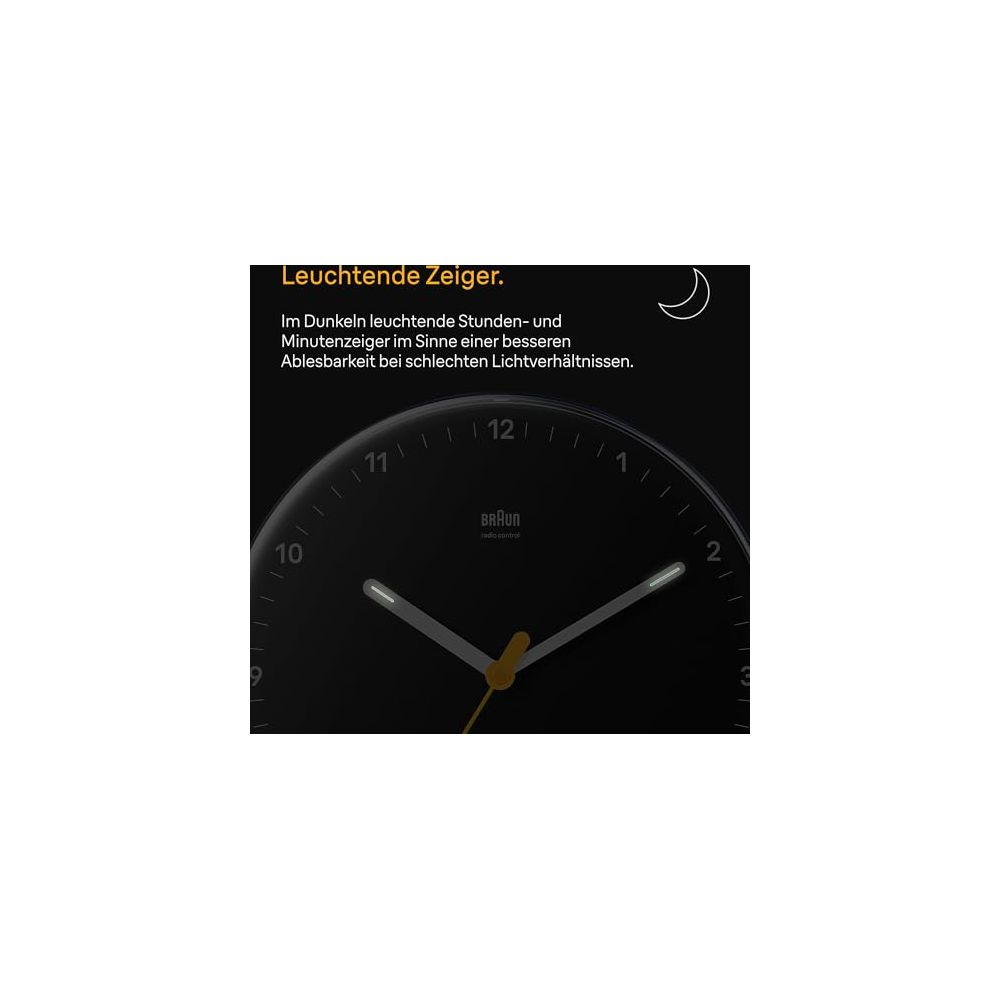 Un cadran de montre noir avec aiguilles et chiffres lumineux. Le réveil est réglé sur 9h00.