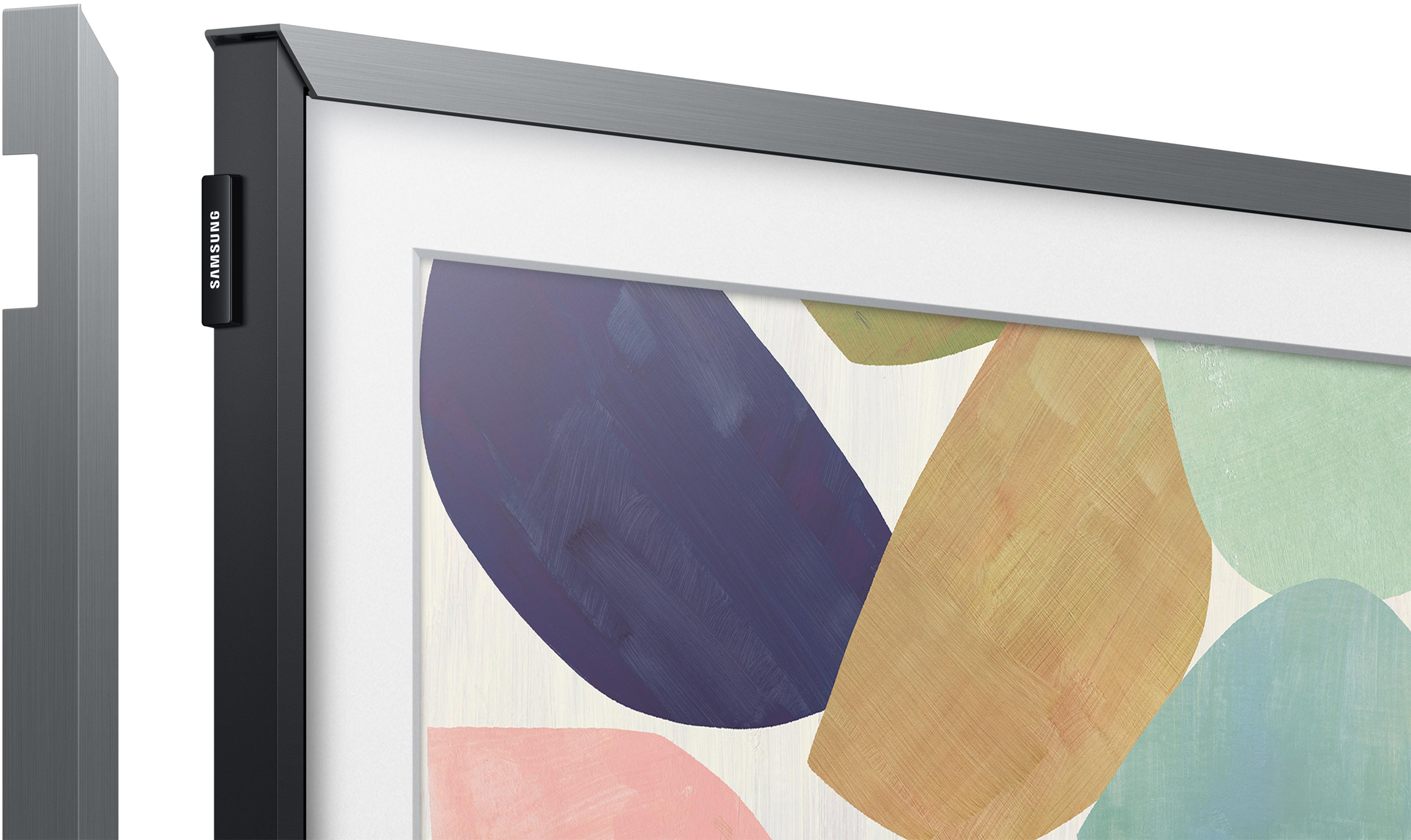 Ein Samsung TV-Rahmen mit abstrakter Kunst in Blau, Gelb, Grün und Rosa.