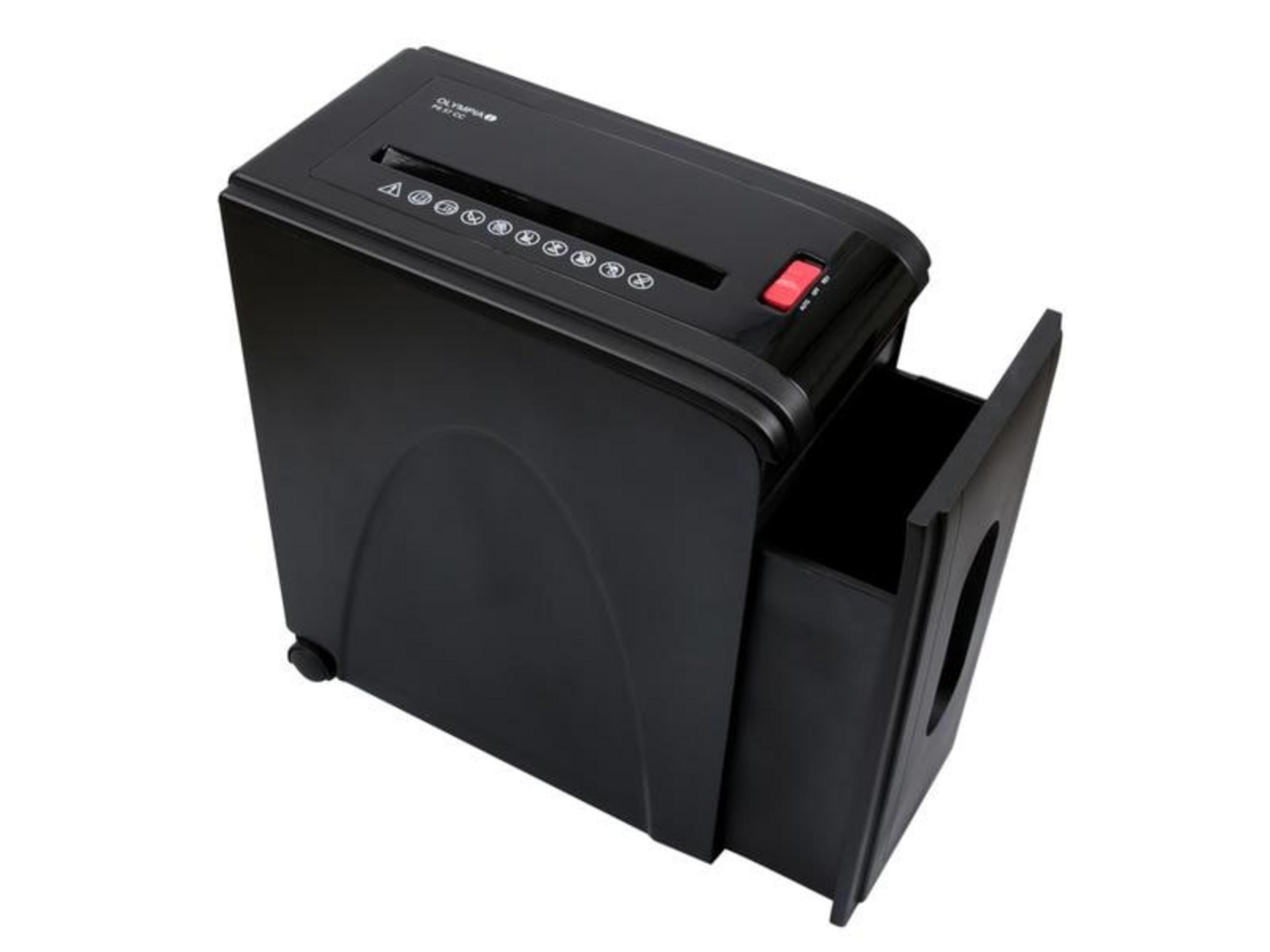 Czarna niszczarka do papieru z wysuwanym pojemnikiem i czerwonym przyciskiem.