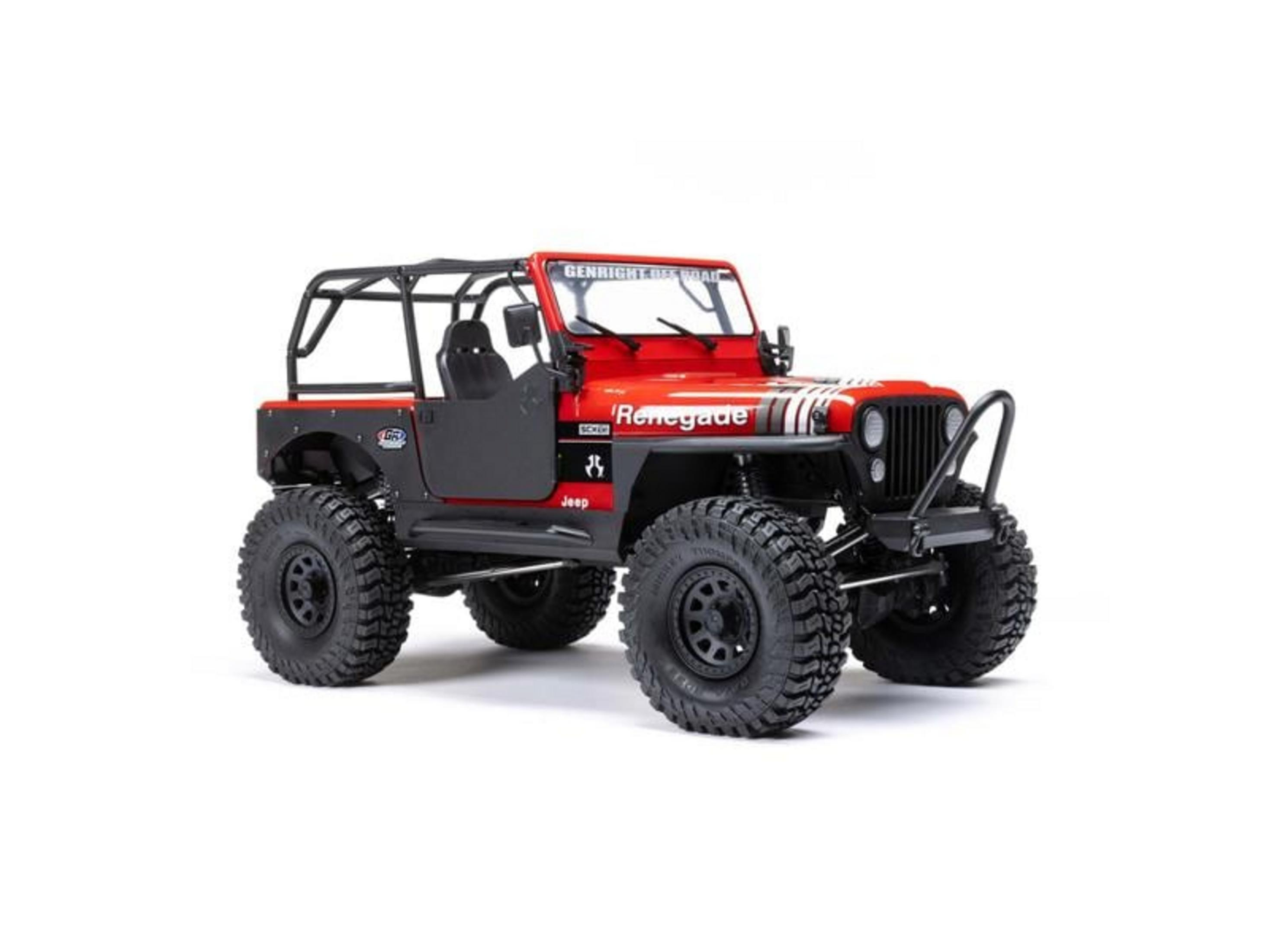 Un Jeep rouge avec arceau de sécurité et gros pneus sur fond blanc.