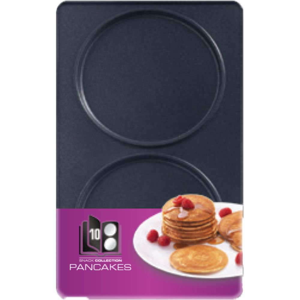 Pancake maker with two circles, and stacked pancakes with berries.
