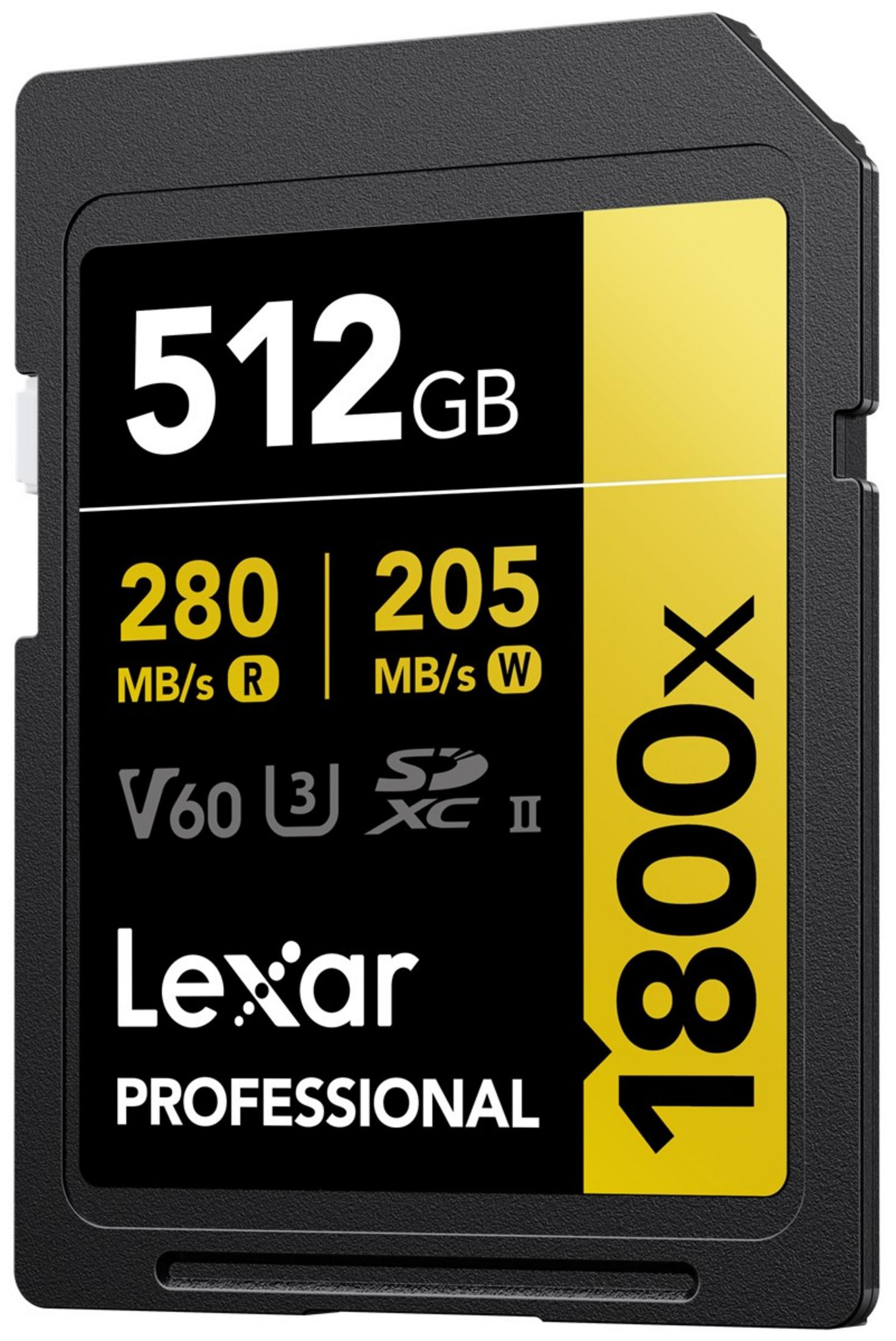 Scheda SD Lexar da 512GB: 280MB/s R, 205MB/s W, V60, 1800x.