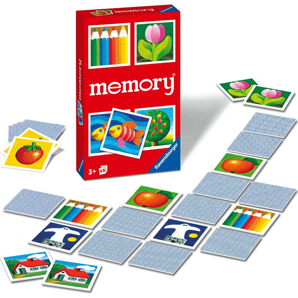 Scatola gioco Memory con carte: matite colorate, tulipano, pesce, mela, casa, fantasma.