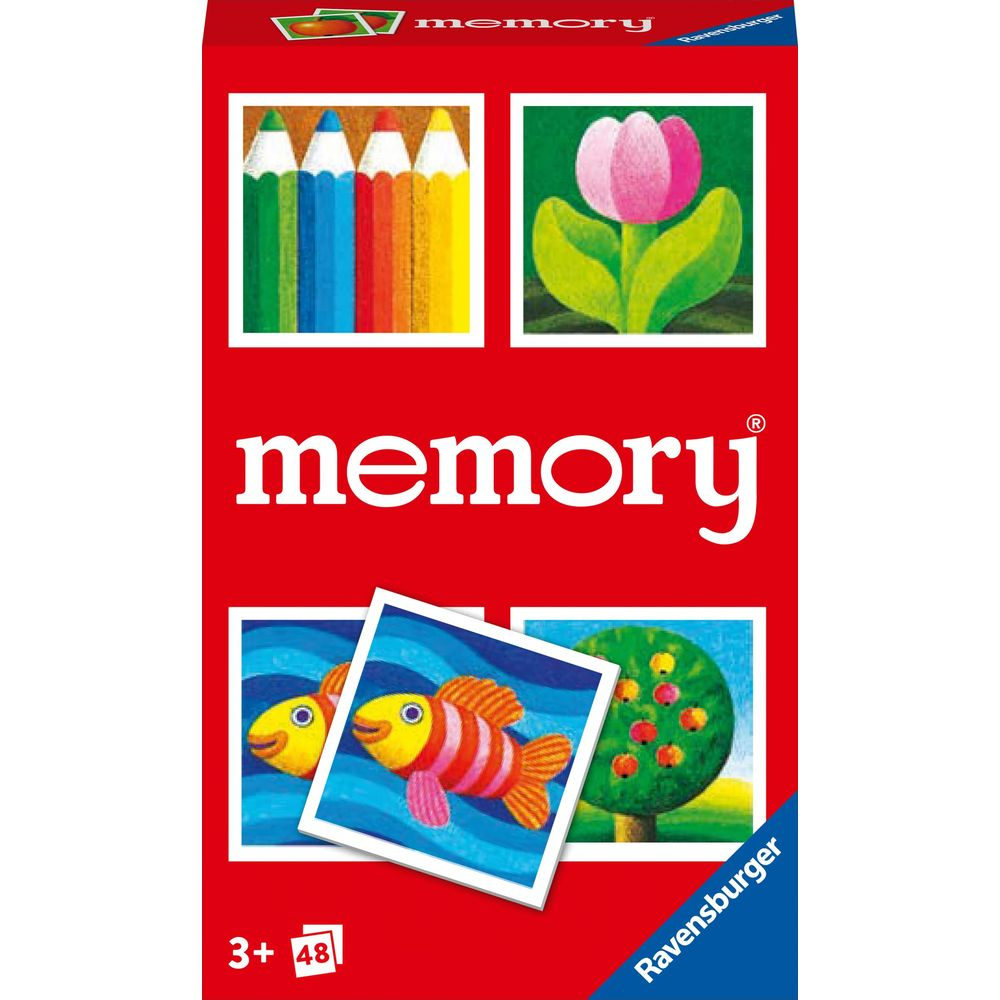 Gioco Memory Ravensburger: matite colorate, tulipano, pesci pagliaccio e melo su scatola rossa.