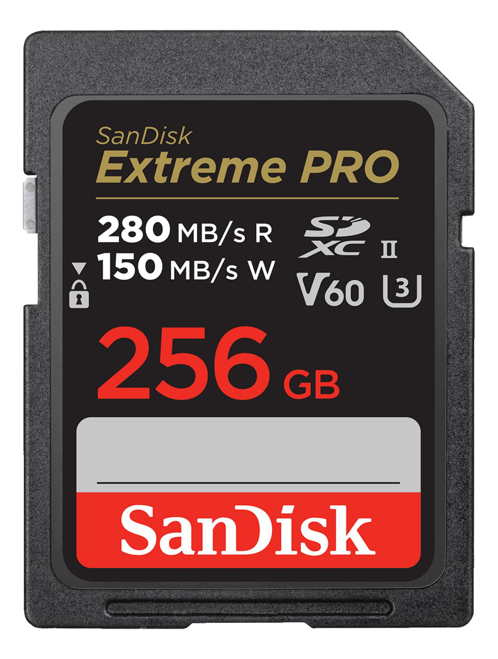 Karta SD SanDisk Extreme PRO, 256 GB, 280 MB/s odczyt / 150 MB/s zapis.