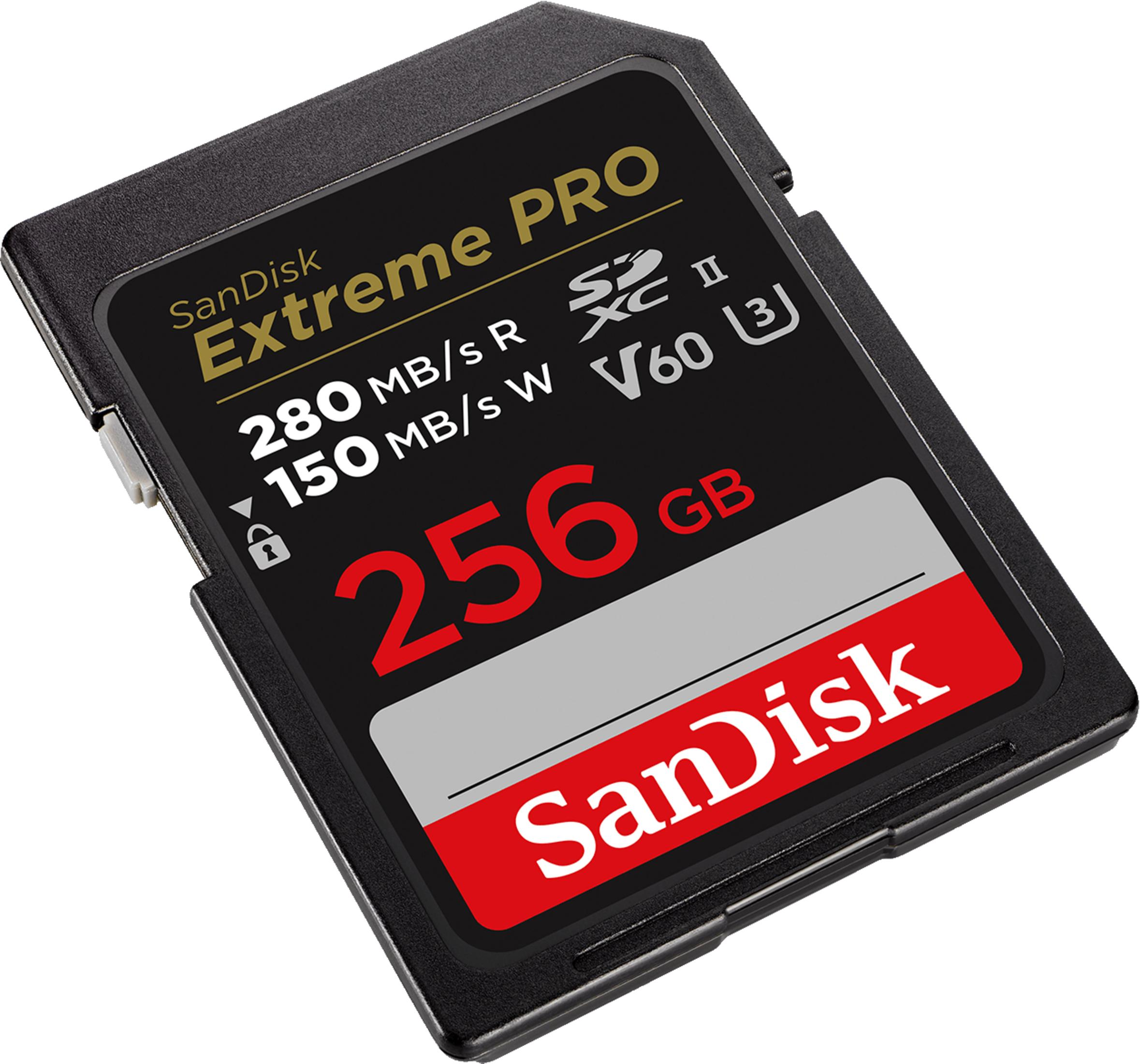 Karta pamięci SanDisk Extreme PRO 256 GB z czerwonym logo SanDisk.