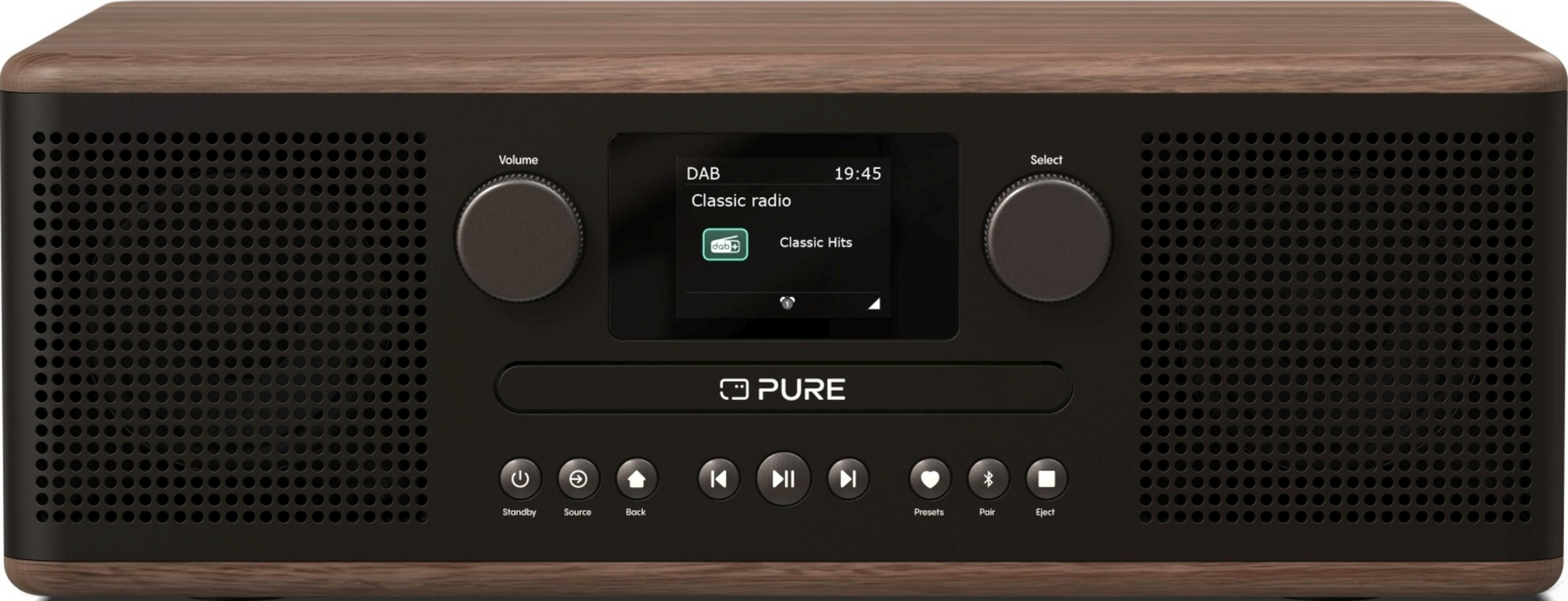 Nowoczesne drewniano-czarne radio z ekranem i przyciskami.