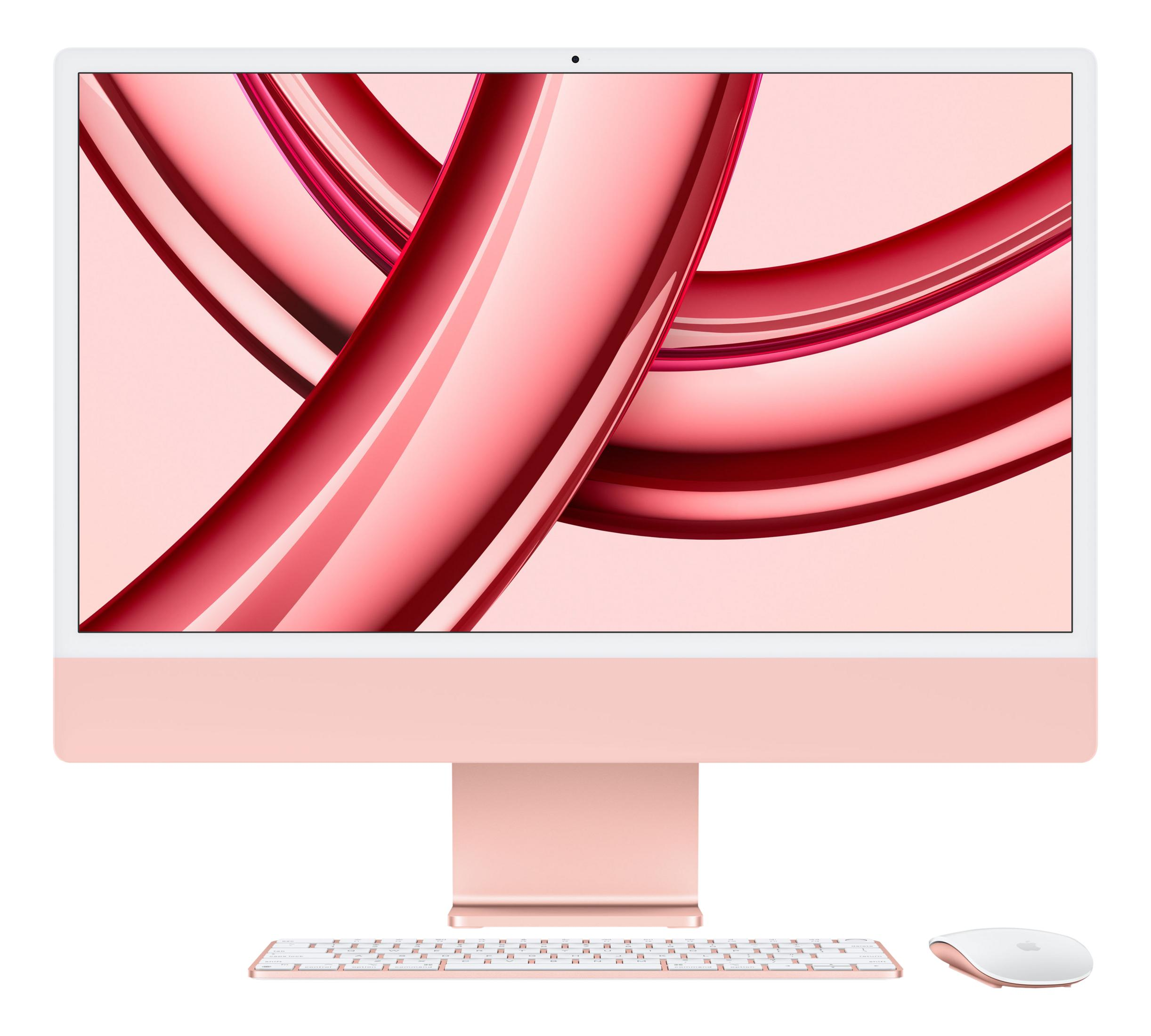 Różowo-złoty iMac z klawiaturą i myszką na białym tle.