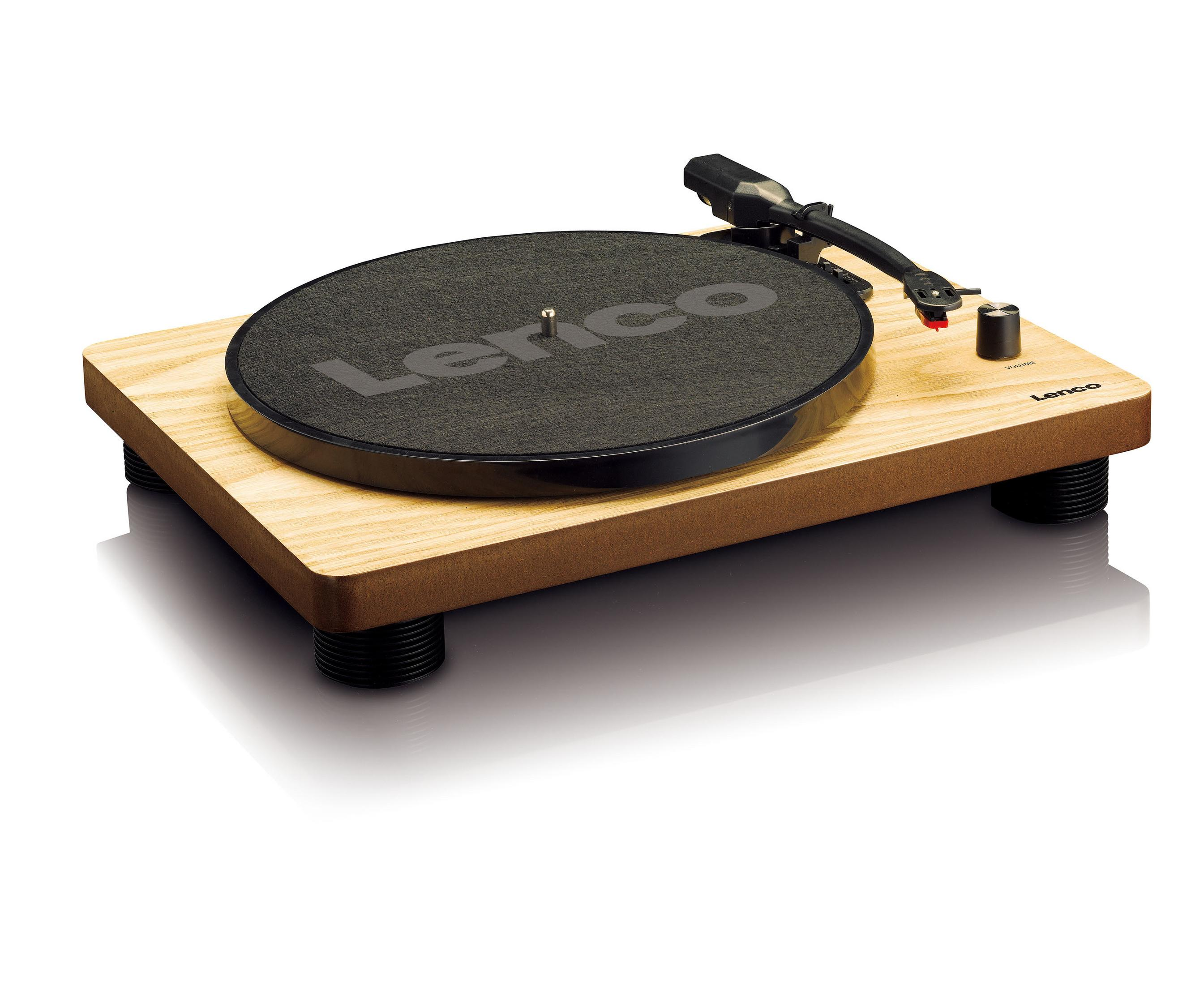 Gramofon z drewnianą podstawą, czarnym talerzem i ramieniem.