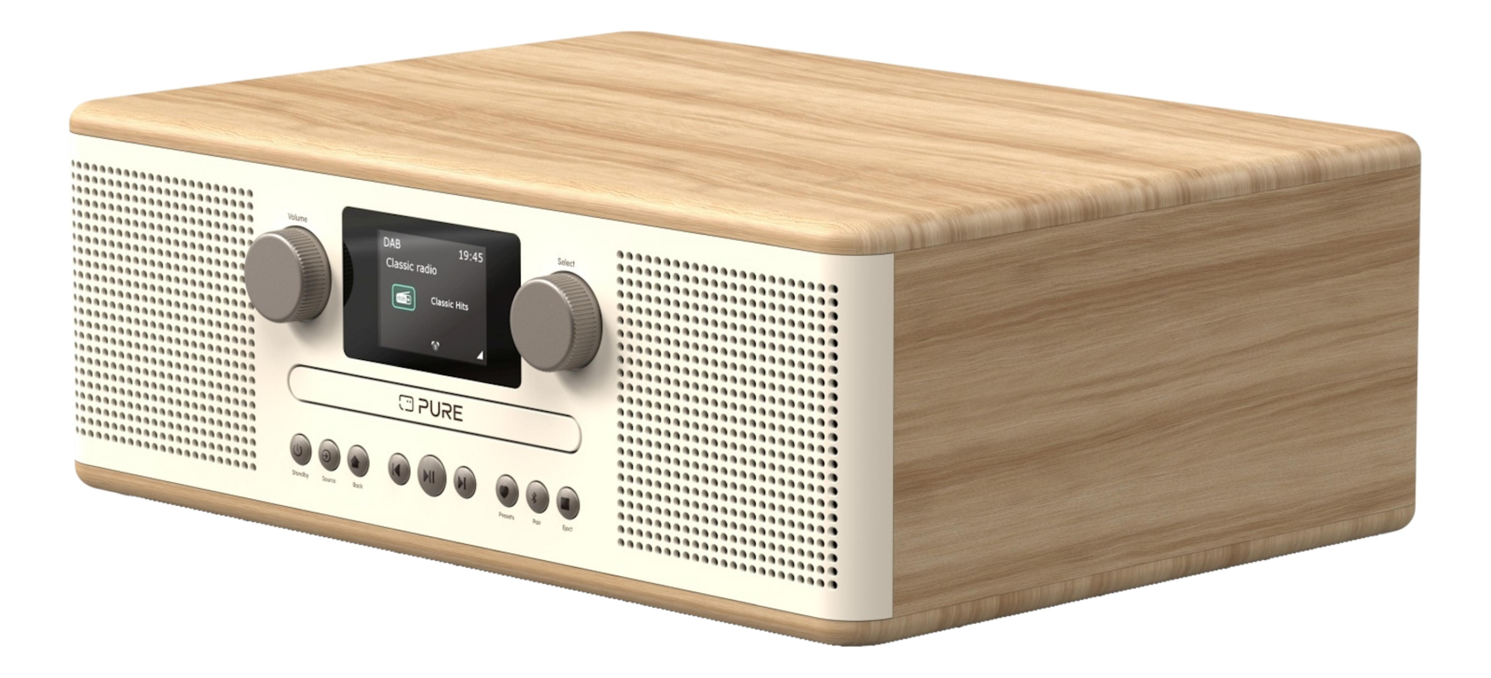 Nowoczesne radio z drewnianym wykończeniem i białym panelem sterowania.