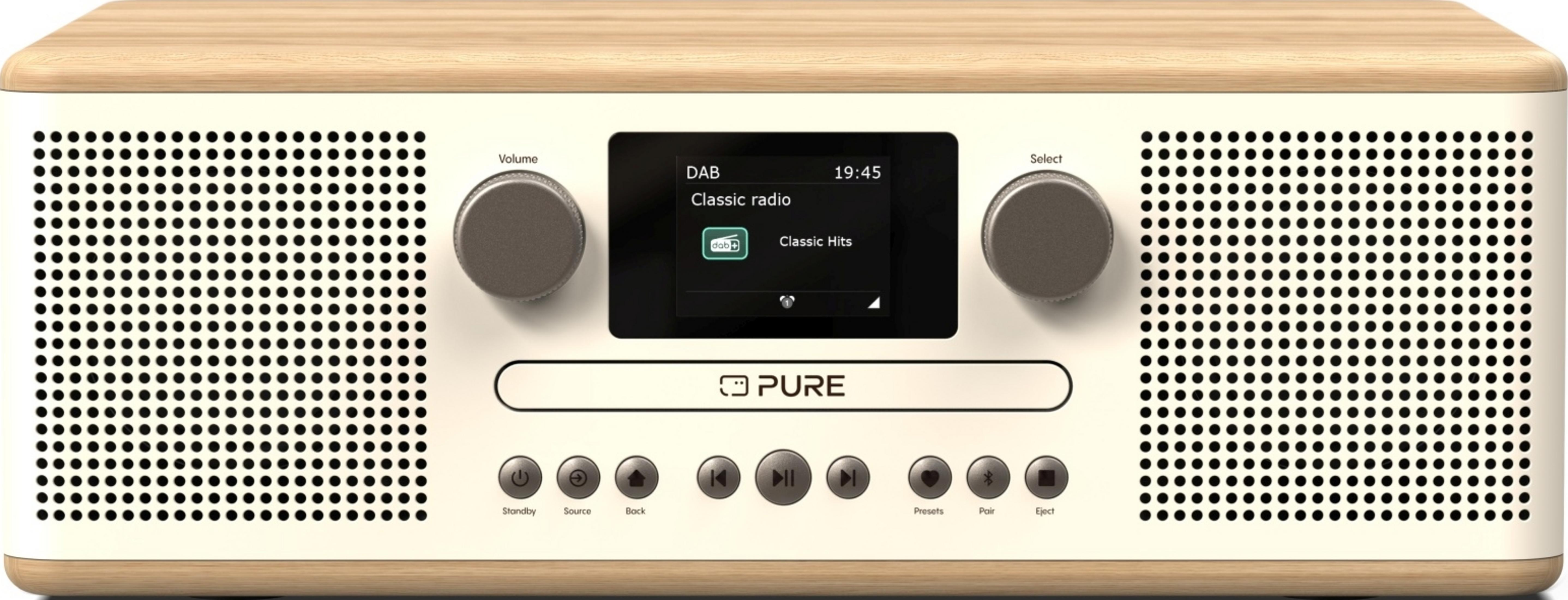 Nowoczesne radio z drewnianym blatem, dwiema maskownicami głośników i cyfrowym wyświetlaczem.