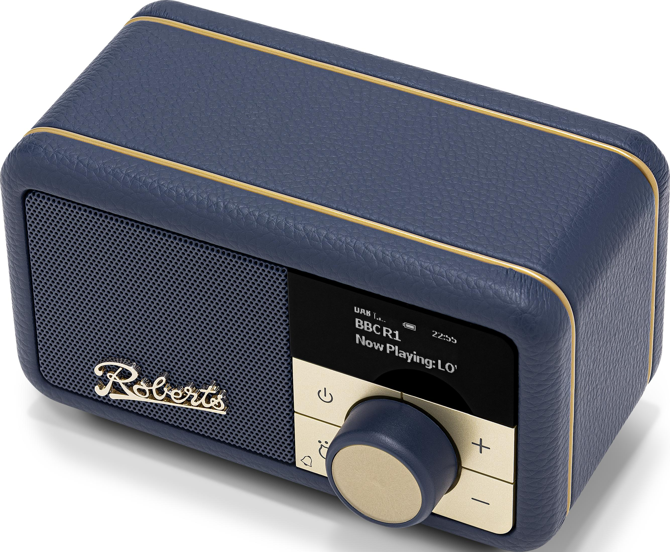 Una radio Roberts blu con finiture dorate e una manopola girevole.