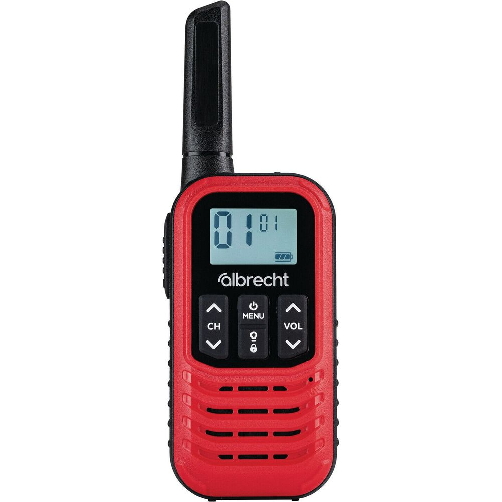 Ein rotes Albrecht Funkgerät mit Antenne und Display, das 01 anzeigt.