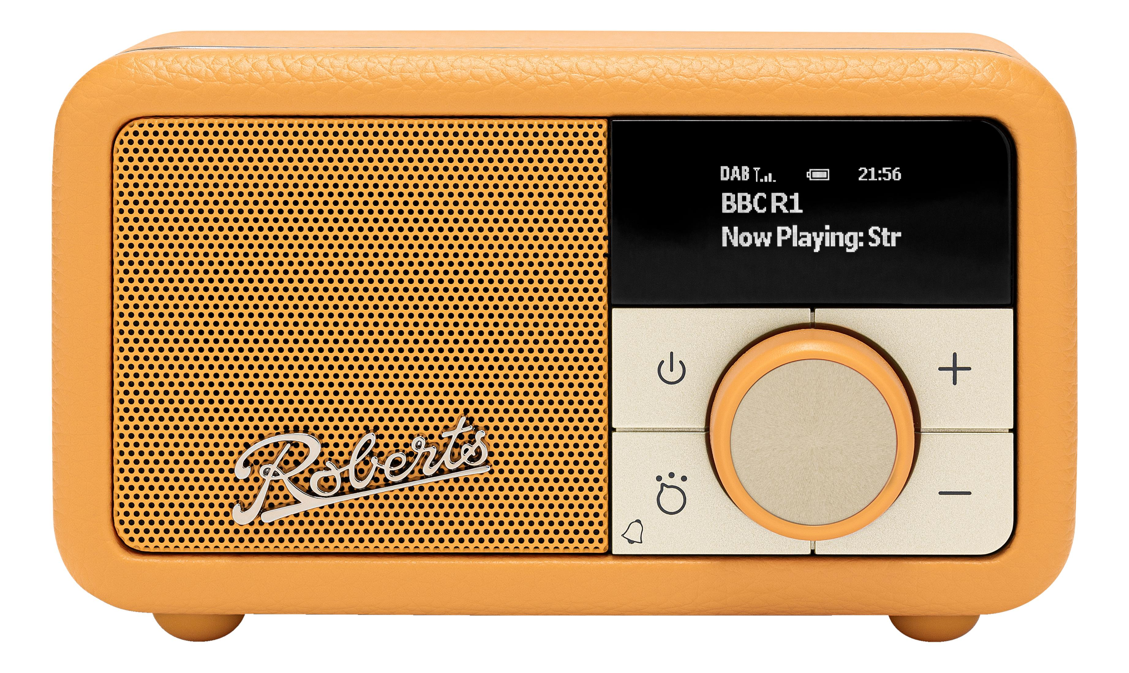Pomarańczowe radio Roberts z DAB, srebrnym logo, czarnym wyświetlaczem i pokrętłem.