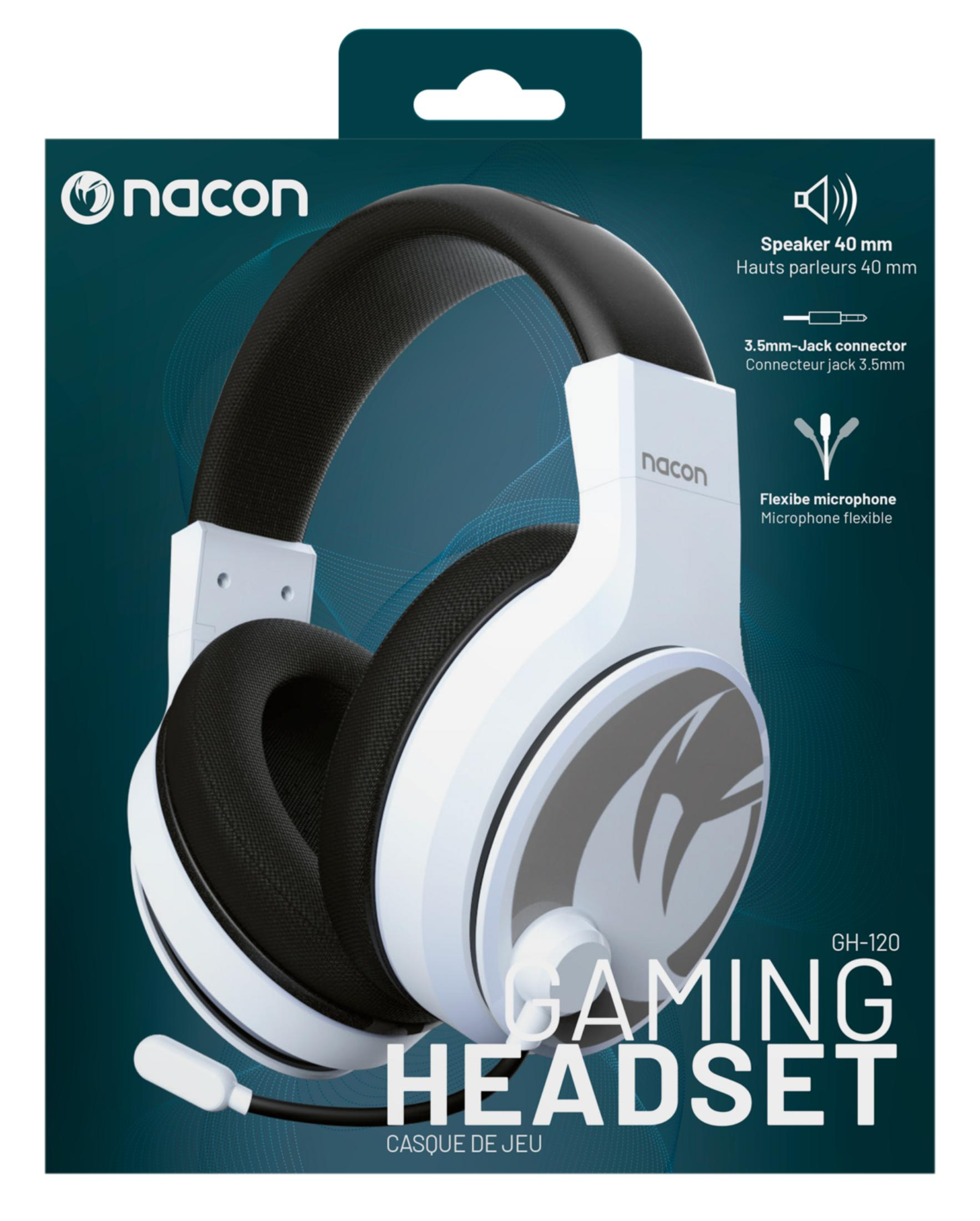 Cuffie gaming Nacon bianche con archetto e microfono neri su sfondo scuro.