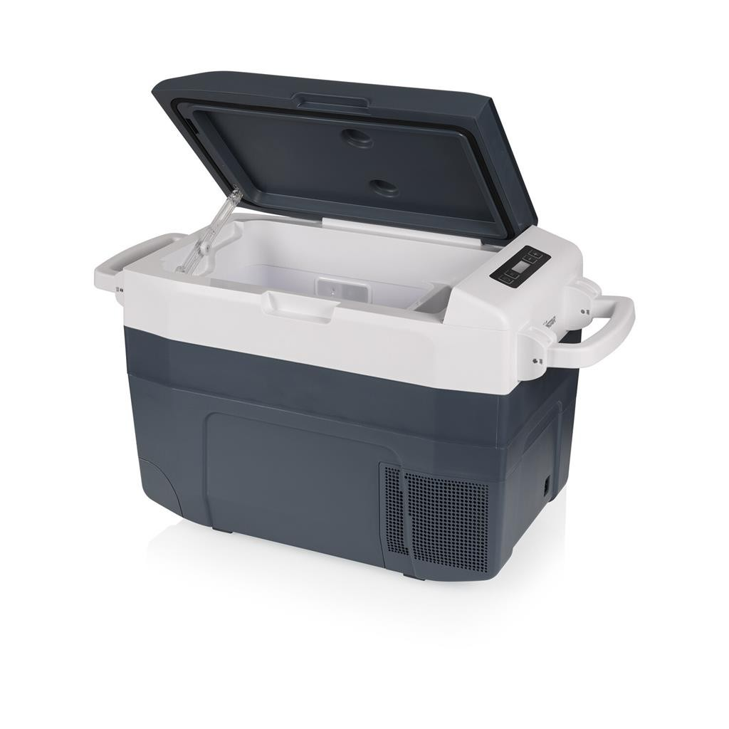 Ein offener, zweifarbiger Kühlbox mit Griffen und digitalem Display.