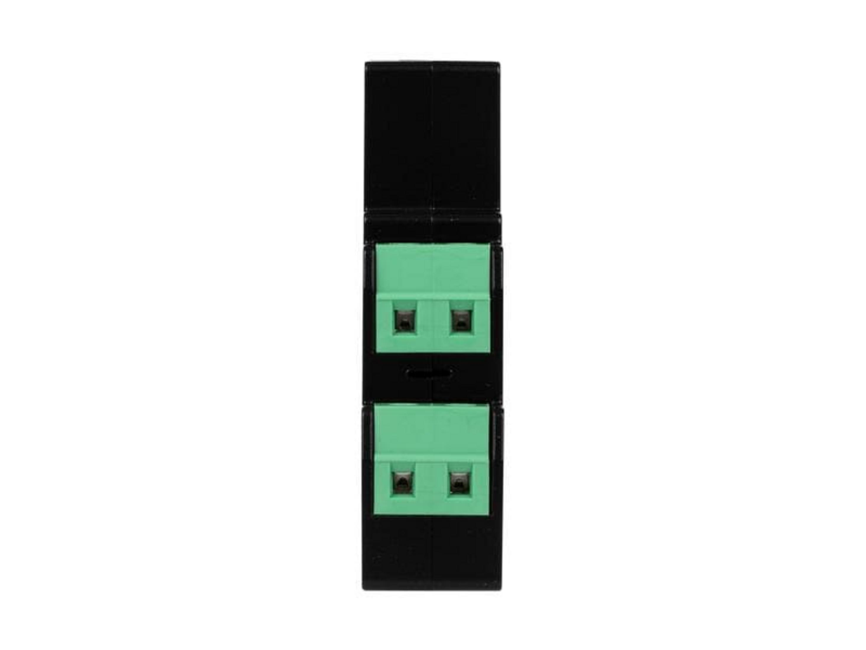 Carcasa negra con dos bloques de terminales verdes, cada uno con dos tornillos.
