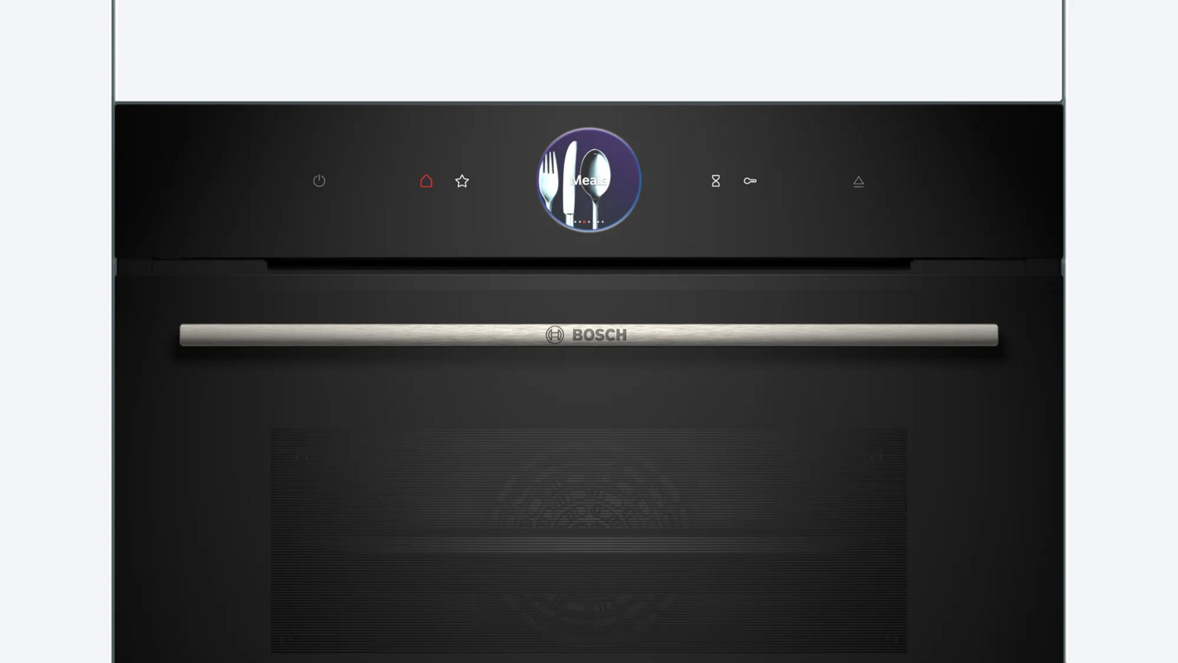 Een moderne zwarte Bosch oven met touchscreenmenu en roestvrijstalen details.