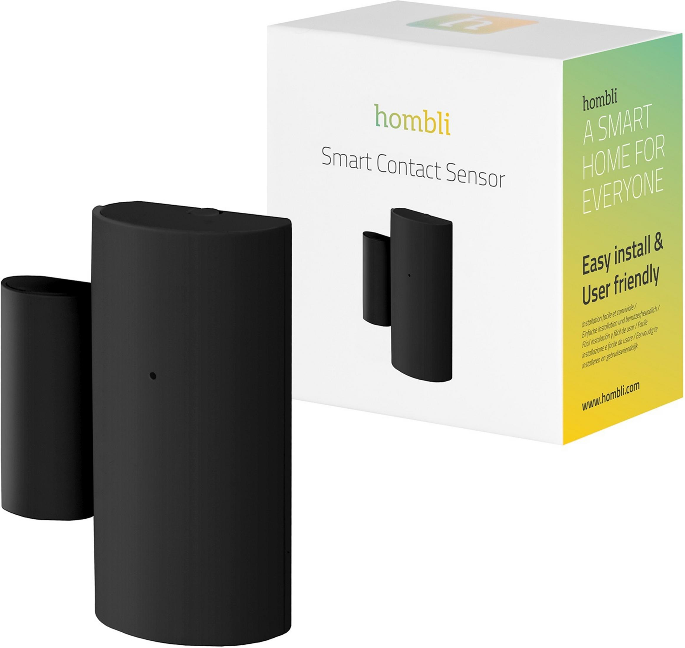 Zwei schwarze, zylindrische Hombli Smart Contact Sensoren und eine weiße Verpackung.