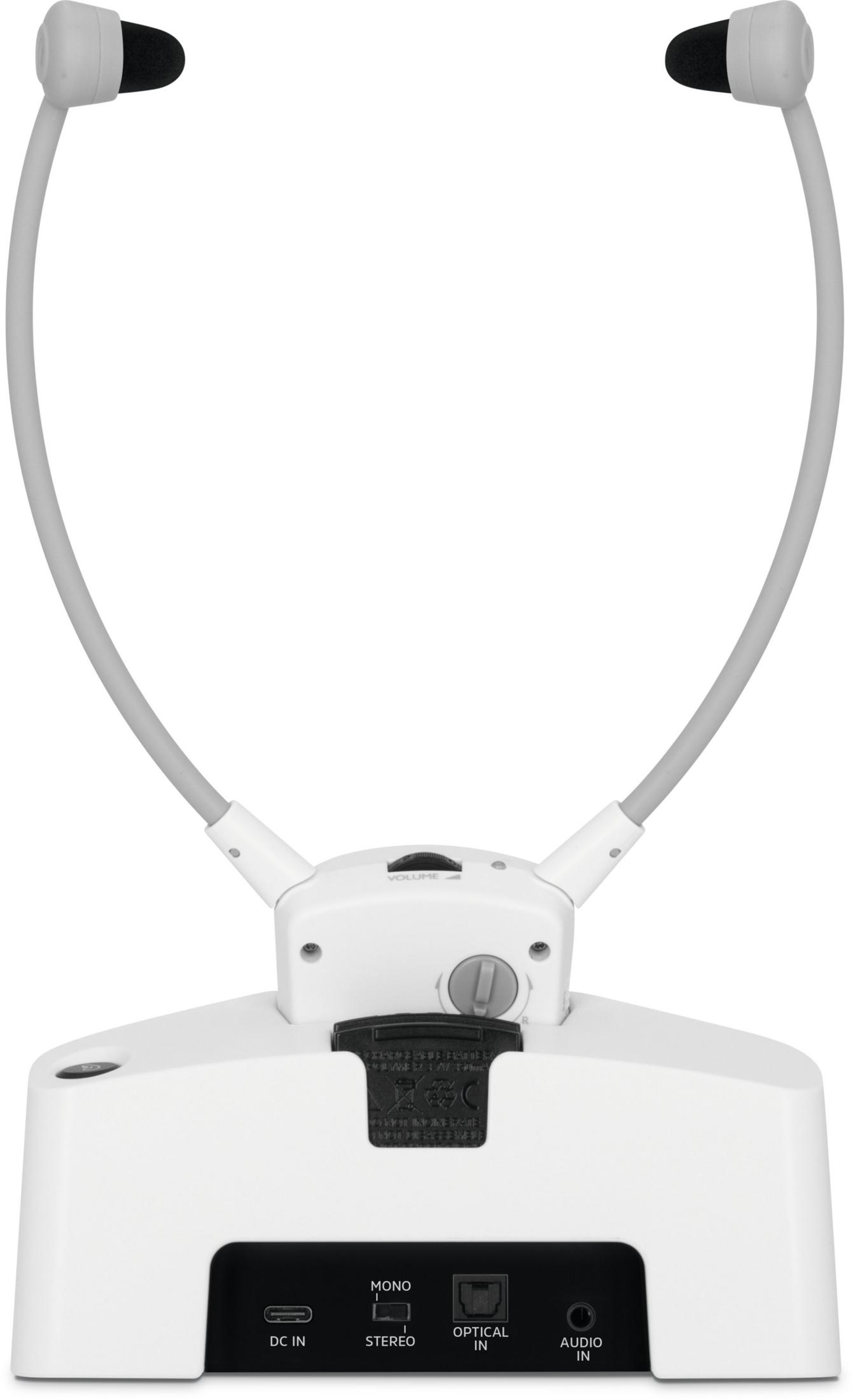 Biały zestaw słuchawkowy ze słuchawkami i regulacją głośności.