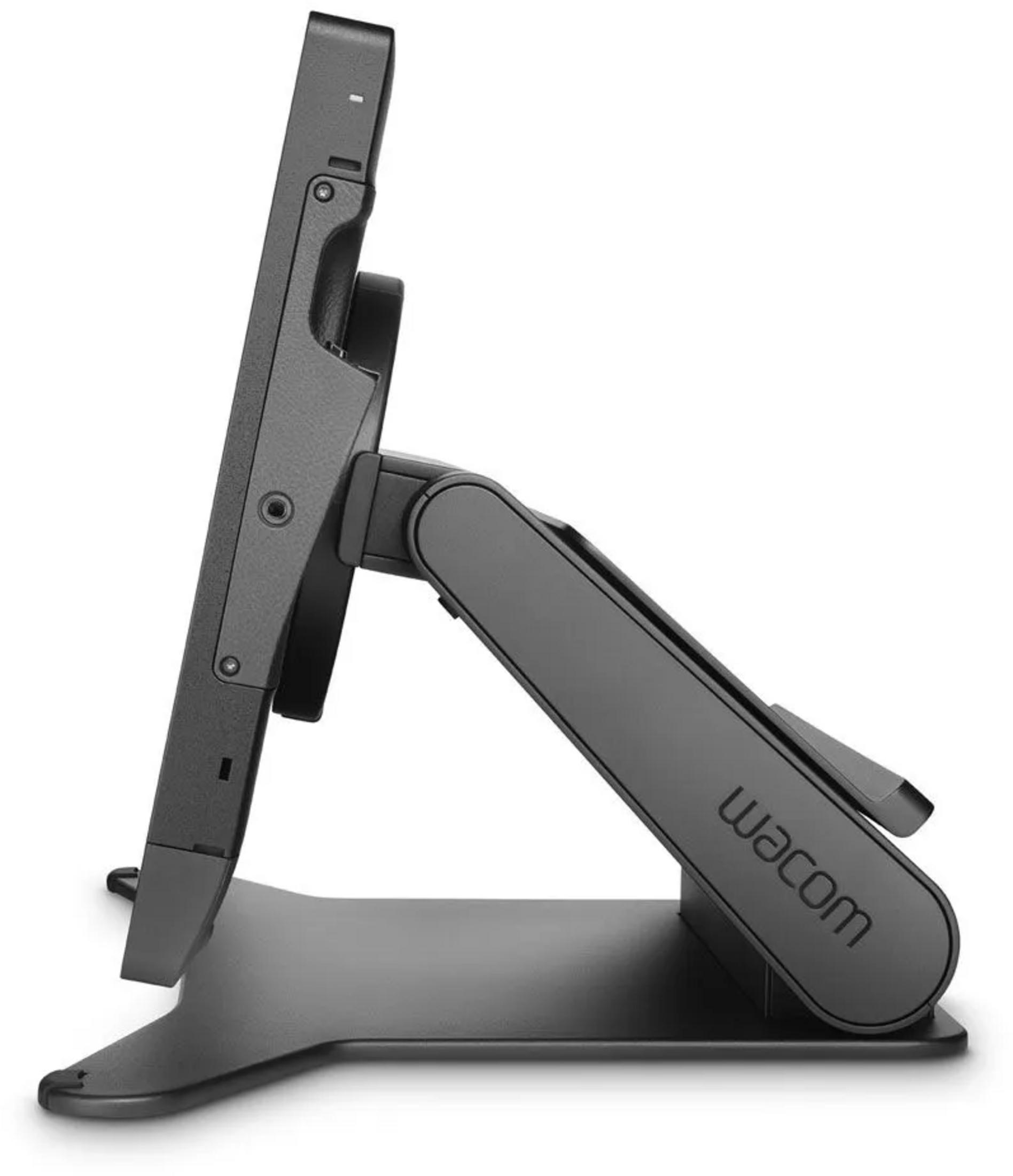 Un supporto Wacom nero con un tablet mostrato di profilo.